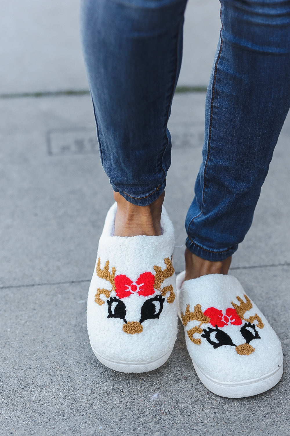 Christmas Reindeer Print Fleece Slippers-2024 Blow-Out Sale-Modish Lily, Tecumseh Michigan