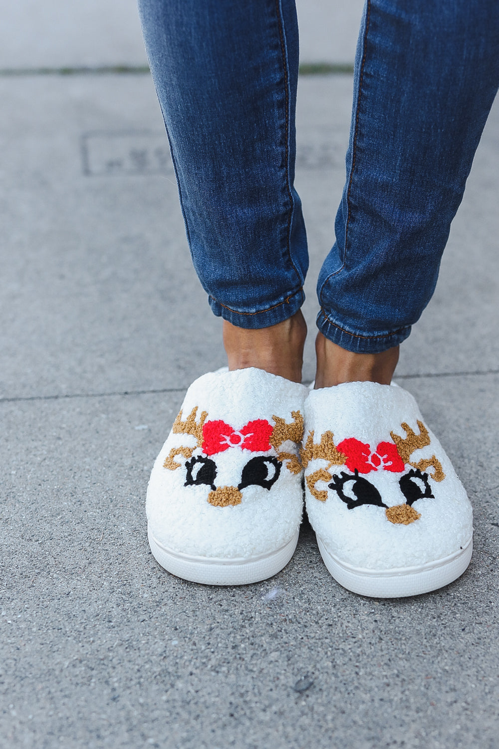 Christmas Reindeer Print Fleece Slippers-2024 Blow-Out Sale-Modish Lily, Tecumseh Michigan