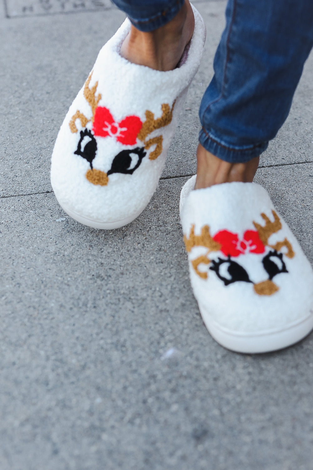 Christmas Reindeer Print Fleece Slippers-2024 Blow-Out Sale-Modish Lily, Tecumseh Michigan