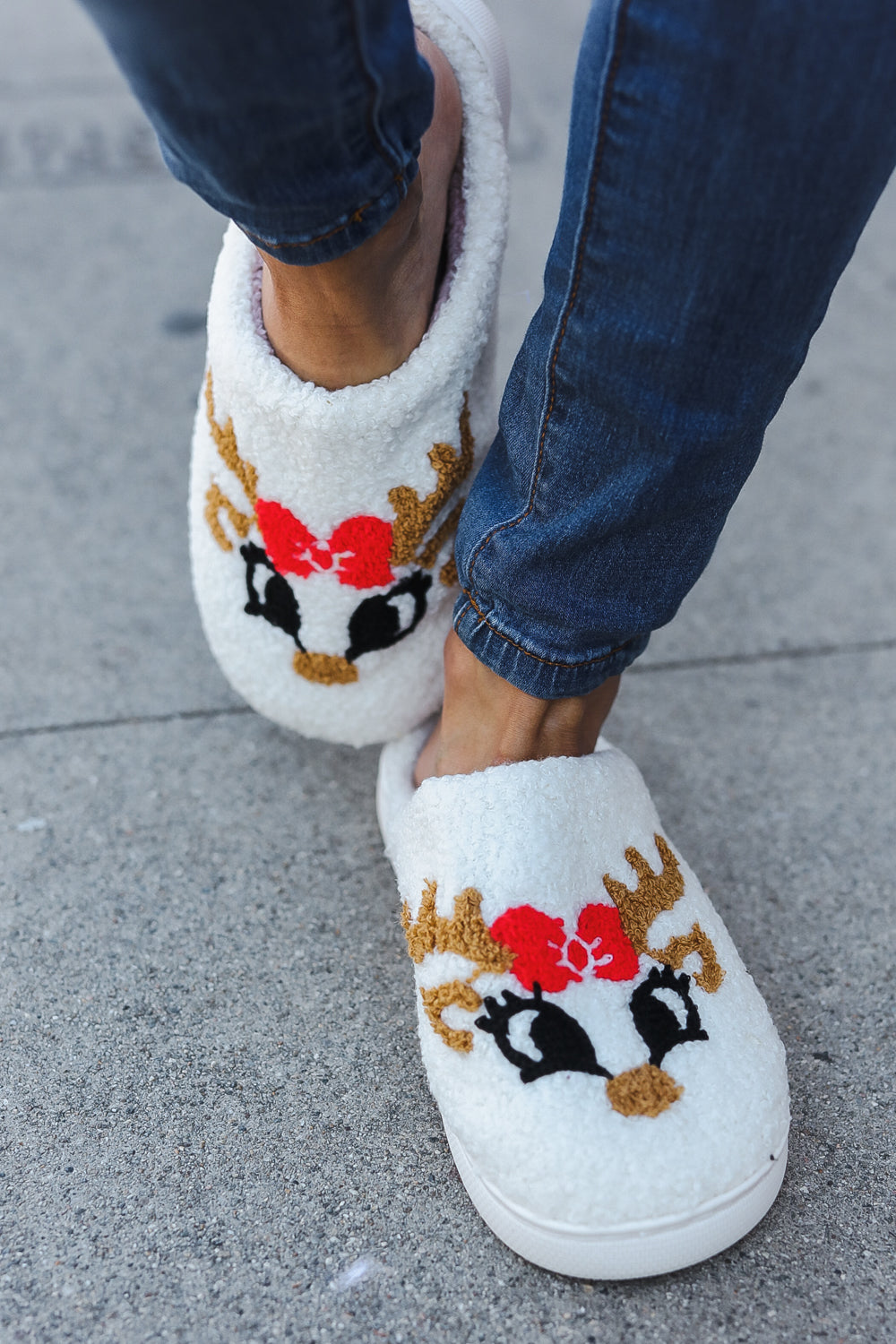 Christmas Reindeer Print Fleece Slippers-2024 Blow-Out Sale-Modish Lily, Tecumseh Michigan