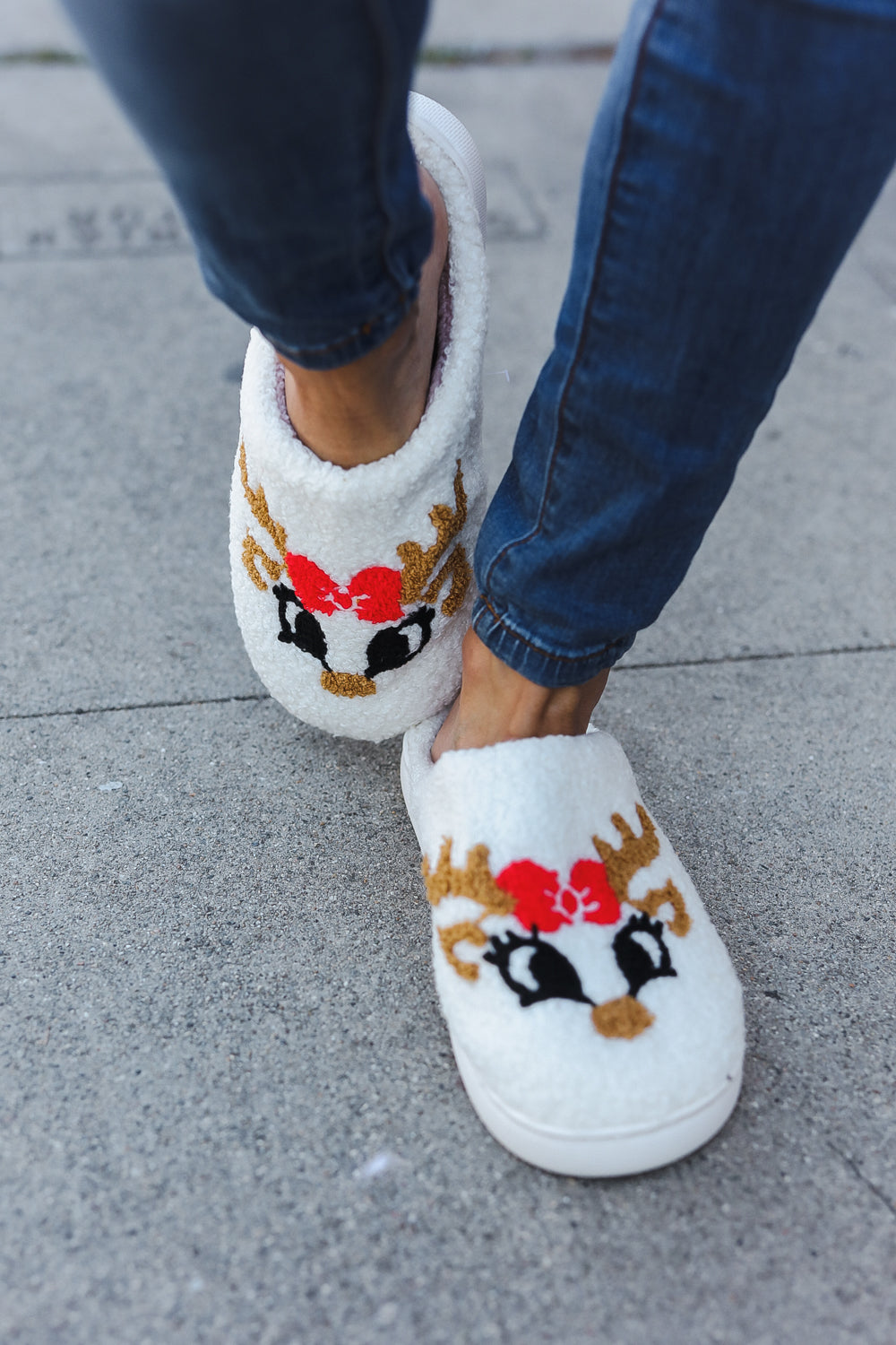 Christmas Reindeer Print Fleece Slippers-2024 Blow-Out Sale-Modish Lily, Tecumseh Michigan