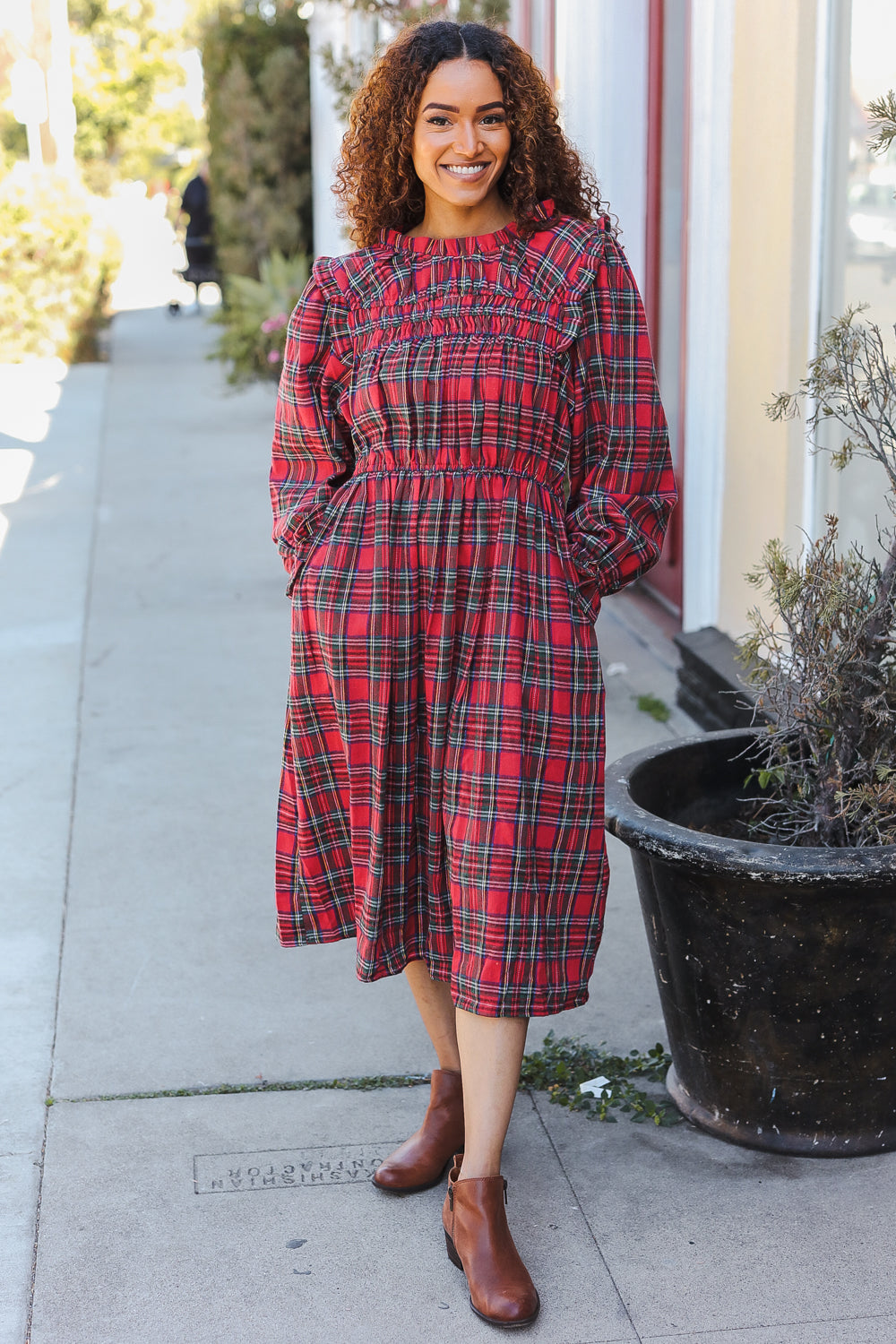 All I Want Hunter Red Plaid Check Woven Pocketed Dress-2024 Blow-Out Sale-Modish Lily, Tecumseh Michigan