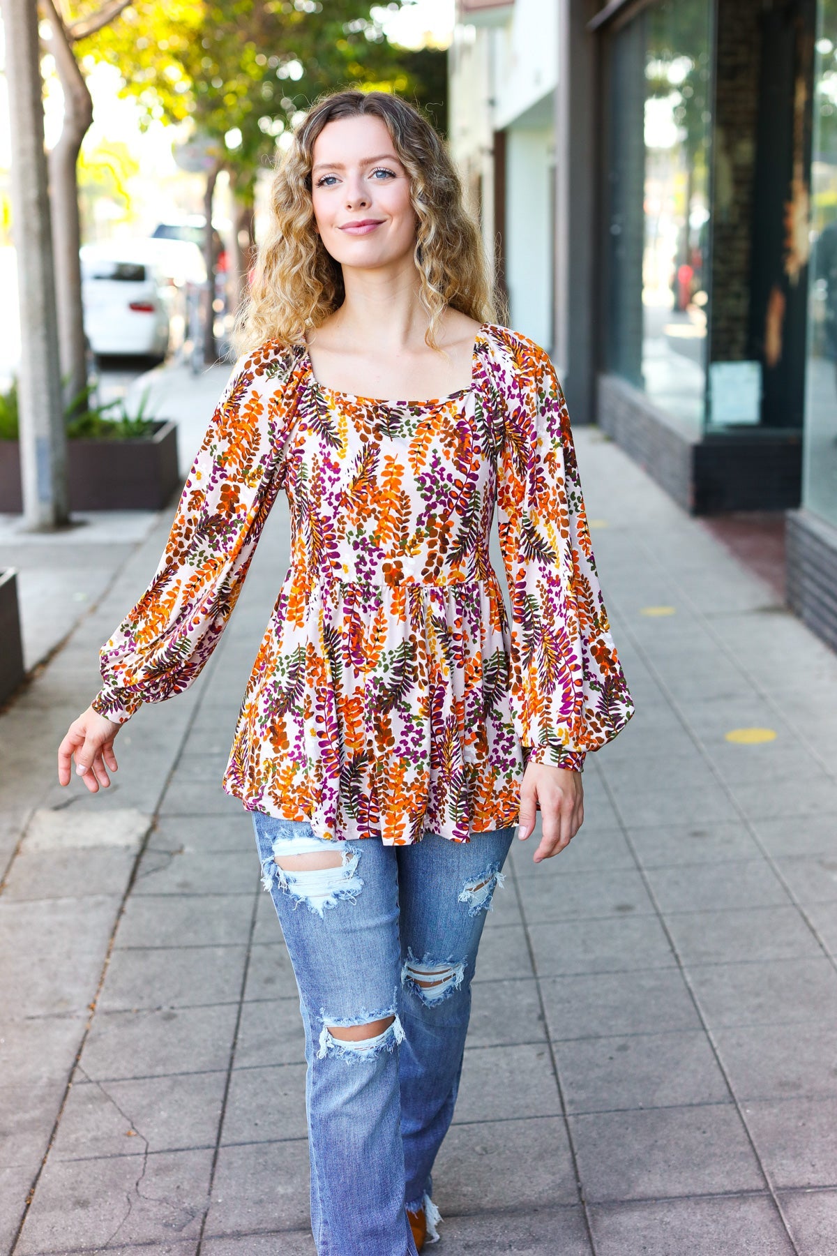 Fall in Love Taupe & Rust Floral Print Babydoll Bubble Sleeve Top-Modish Lily, Tecumseh Michigan