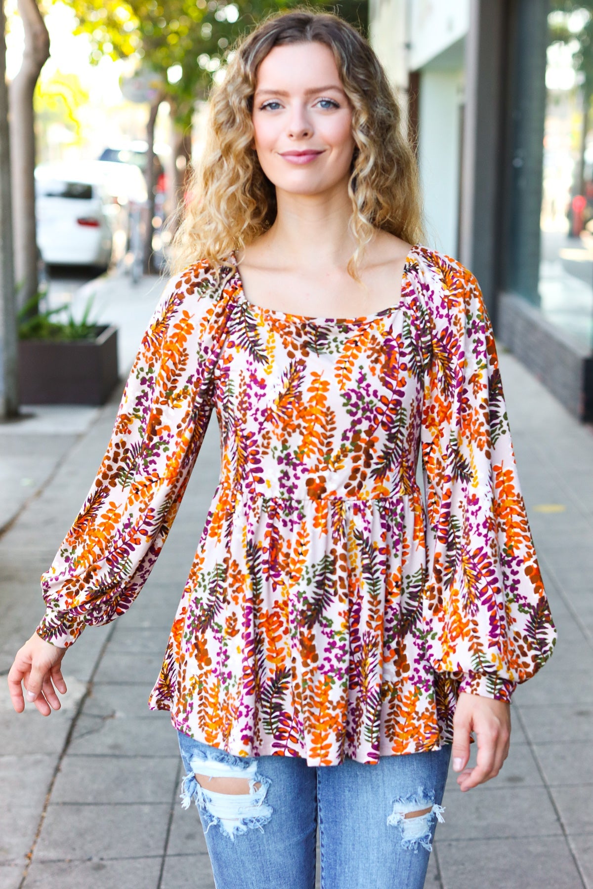 Fall in Love Taupe & Rust Floral Print Babydoll Bubble Sleeve Top-Modish Lily, Tecumseh Michigan