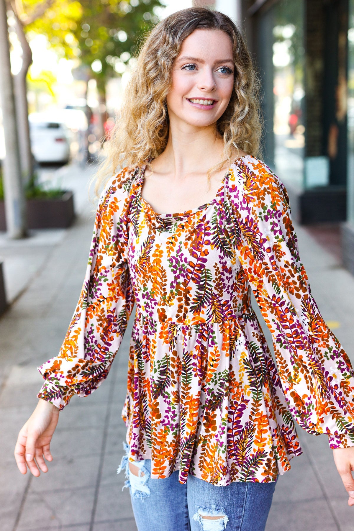 Fall in Love Taupe & Rust Floral Print Babydoll Bubble Sleeve Top-Modish Lily, Tecumseh Michigan