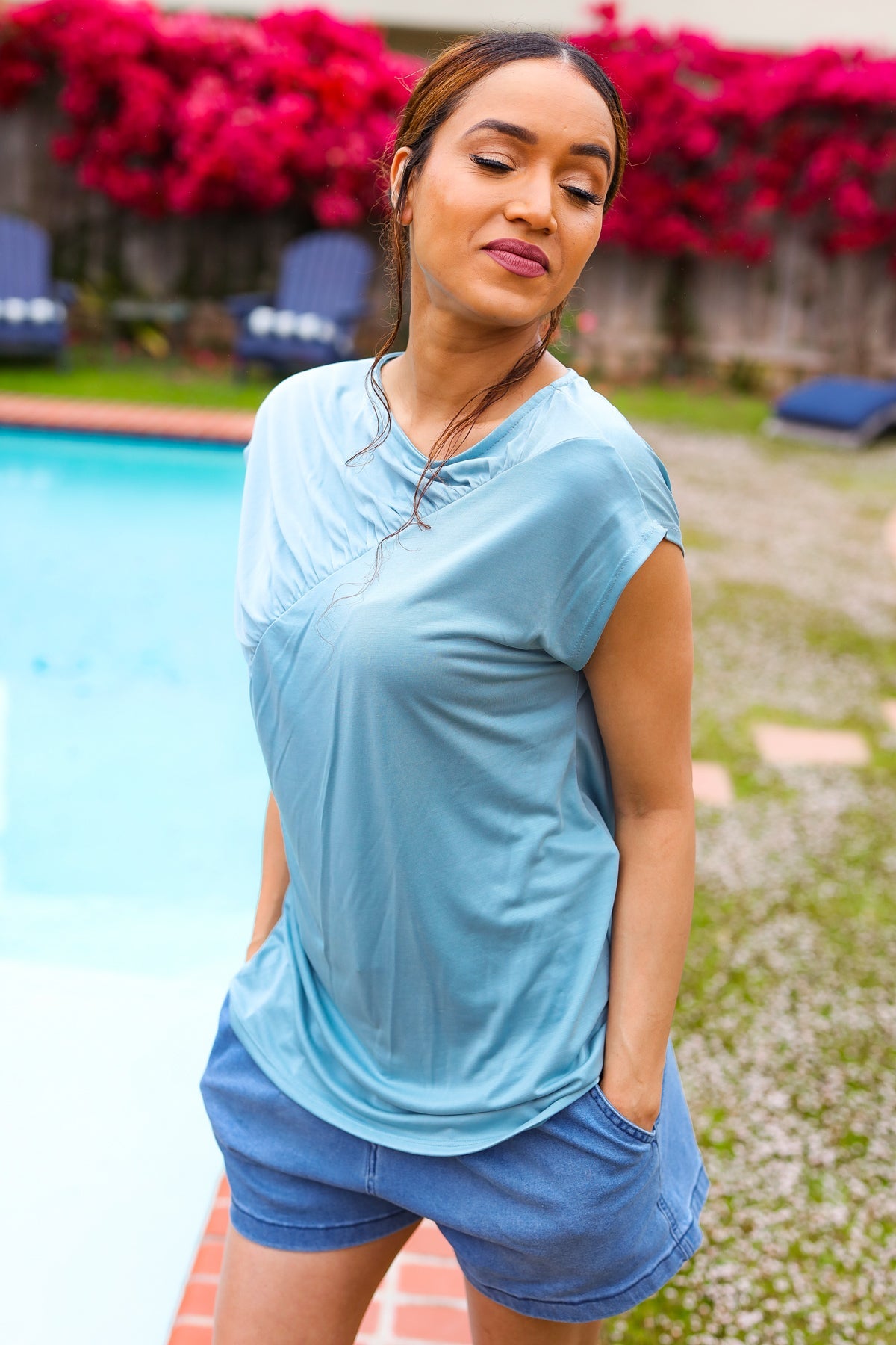 Charming in Aqua Asymmetrical Shirred Modal Top-07-01-25 Summer Sale-Modish Lily, Tecumseh Michigan