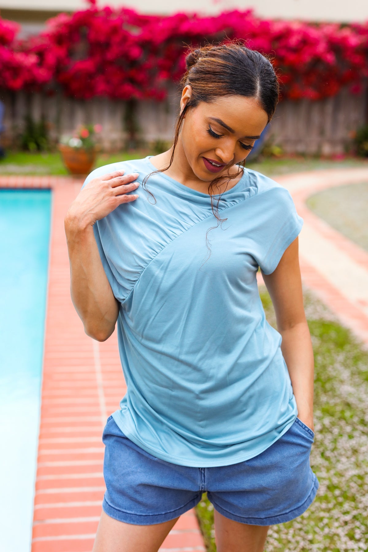 Charming in Aqua Asymmetrical Shirred Modal Top-07-01-25 Summer Sale-Modish Lily, Tecumseh Michigan