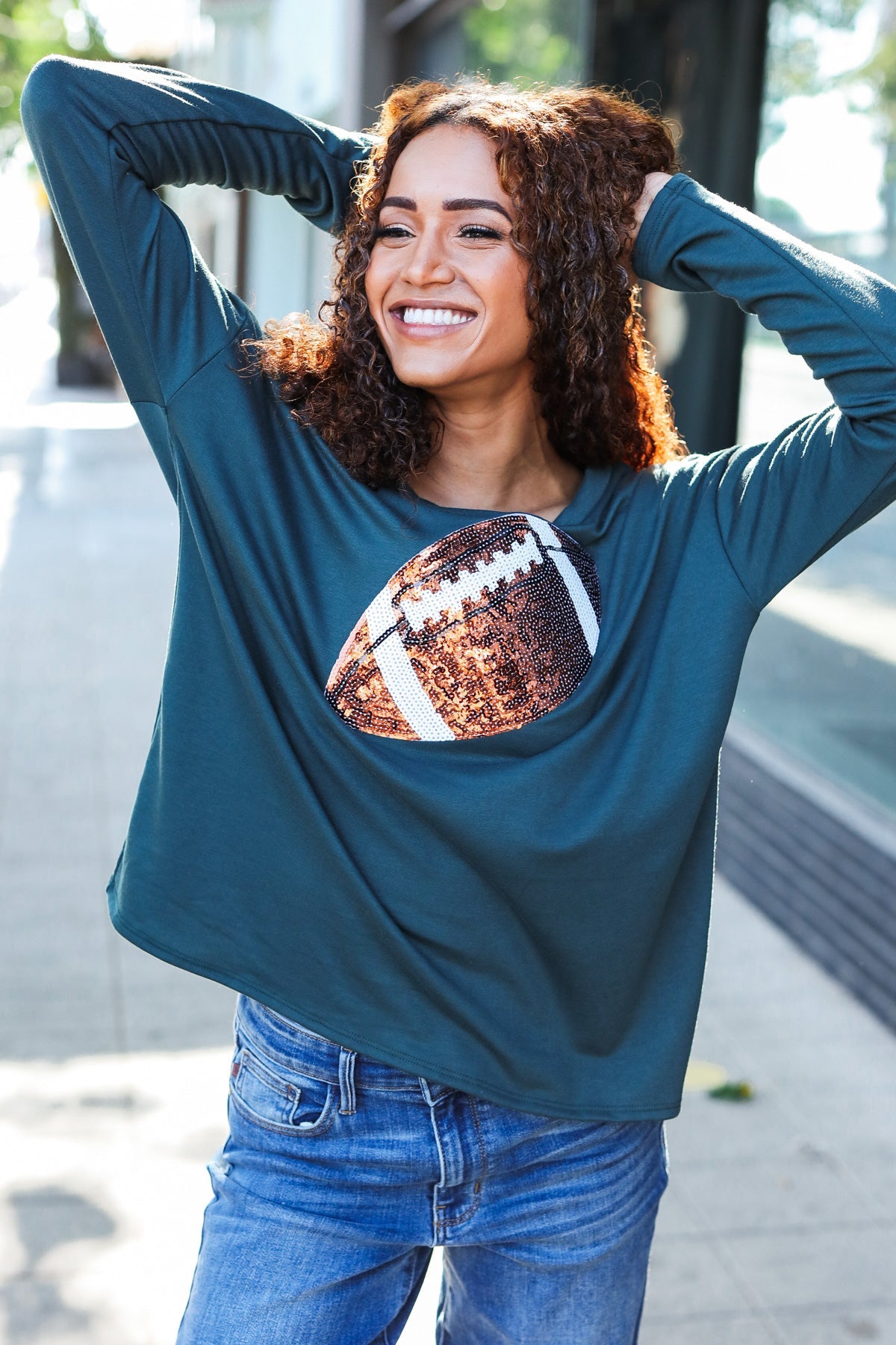 Game Day Forest Green Sequin Football Patch Terry Top-2024 Blow-Out Sale-Modish Lily, Tecumseh Michigan