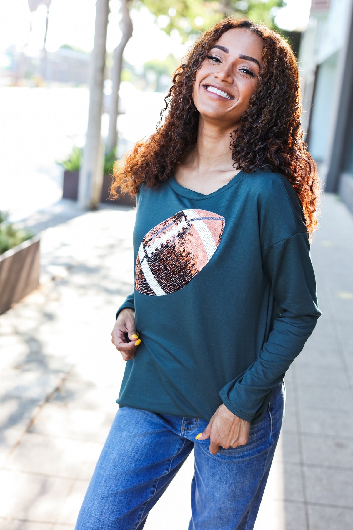 Game Day Forest Green Sequin Football Patch Terry Top-2024 Blow-Out Sale-Modish Lily, Tecumseh Michigan