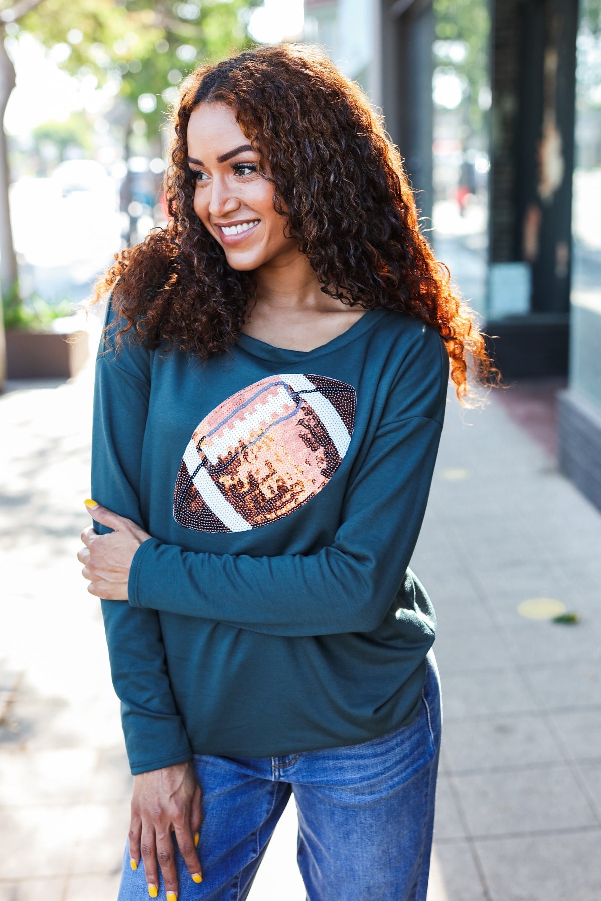 Game Day Forest Green Sequin Football Patch Terry Top-2024 Blow-Out Sale-Modish Lily, Tecumseh Michigan