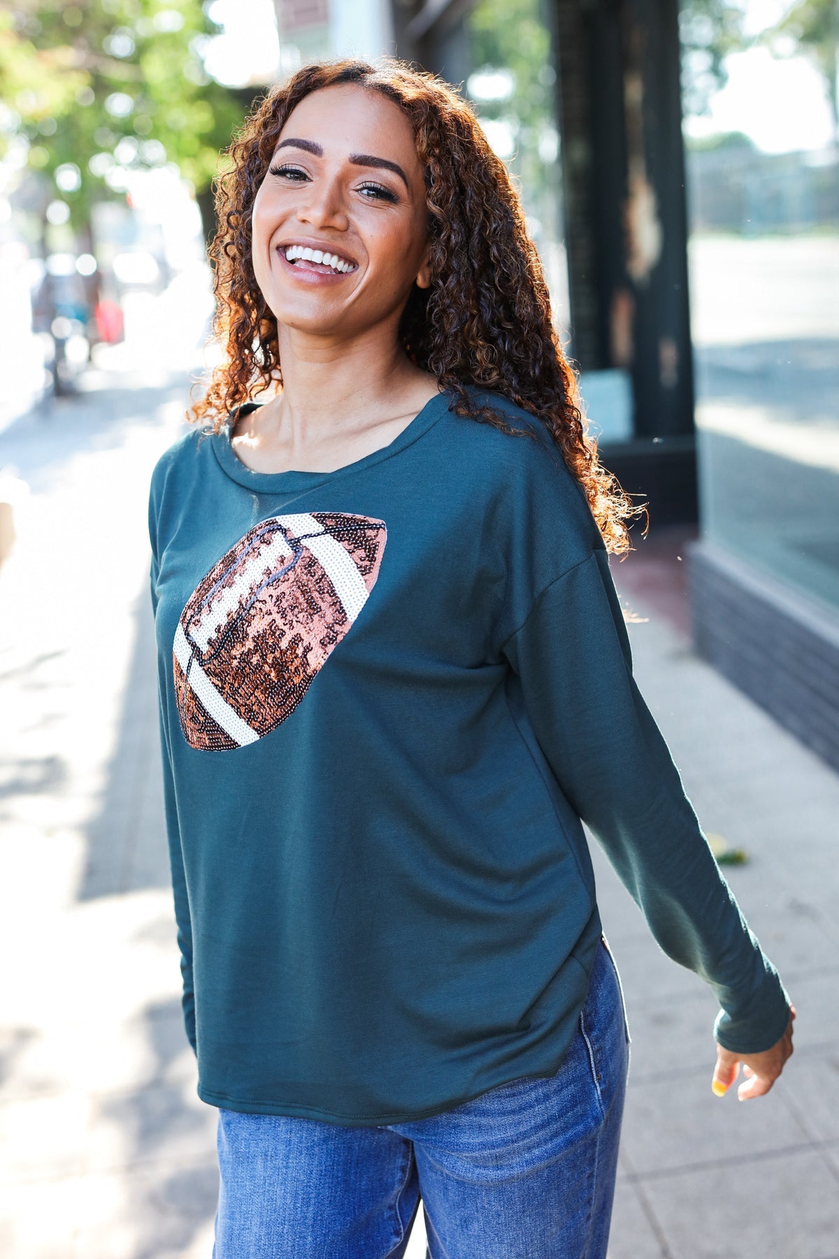 Game Day Forest Green Sequin Football Patch Terry Top-2024 Blow-Out Sale-Modish Lily, Tecumseh Michigan