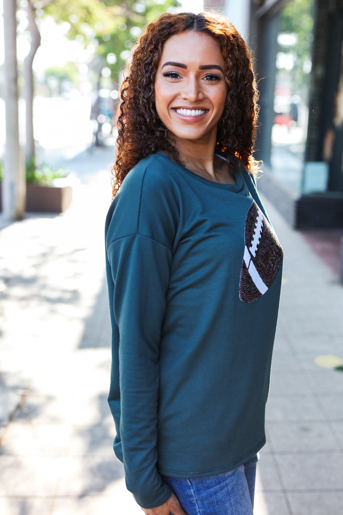 Game Day Forest Green Sequin Football Patch Terry Top-2024 Blow-Out Sale-Modish Lily, Tecumseh Michigan