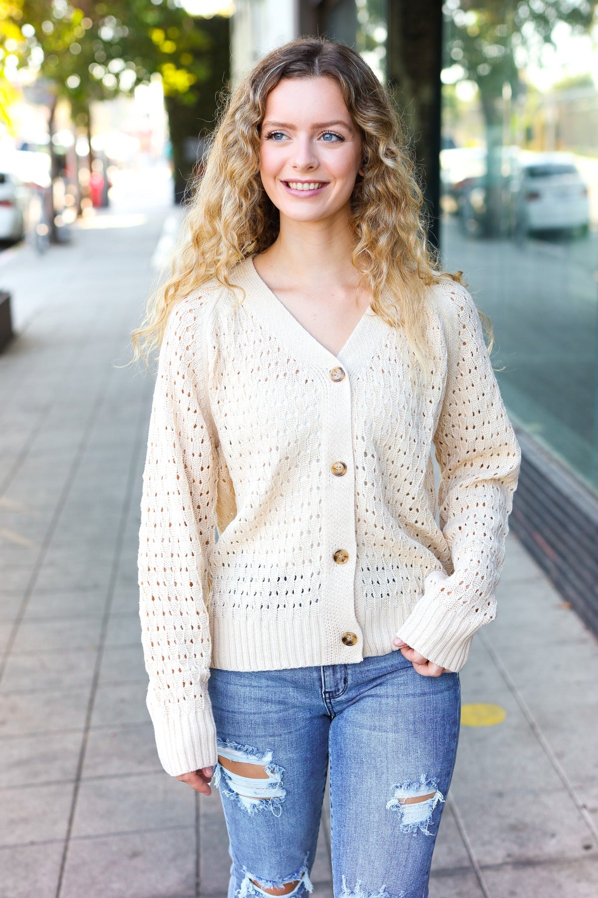 Follow Me Oatmeal Pointelle Knit Button Down Cardigan-2024 Blow-Out Sale-Modish Lily, Tecumseh Michigan