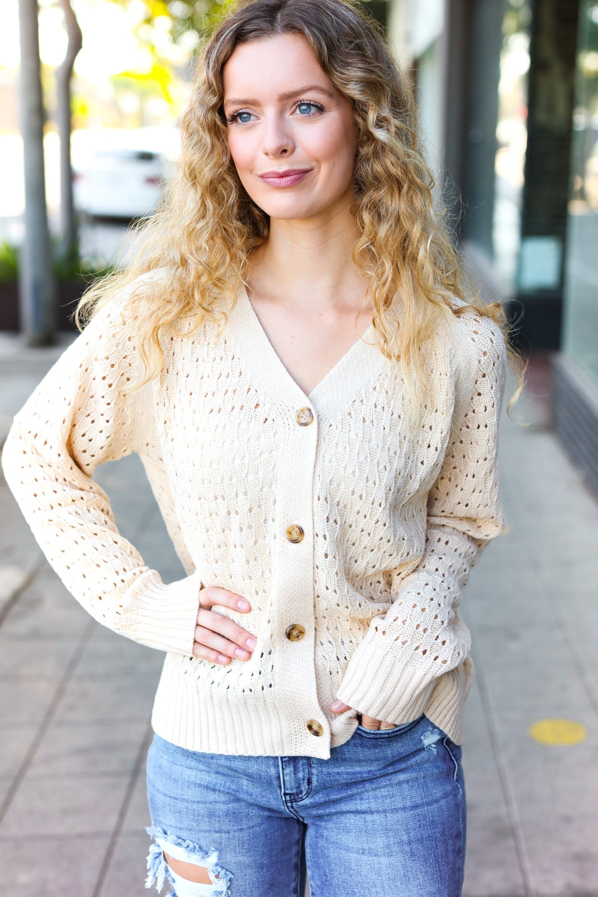 Follow Me Oatmeal Pointelle Knit Button Down Cardigan-2024 Blow-Out Sale-Modish Lily, Tecumseh Michigan