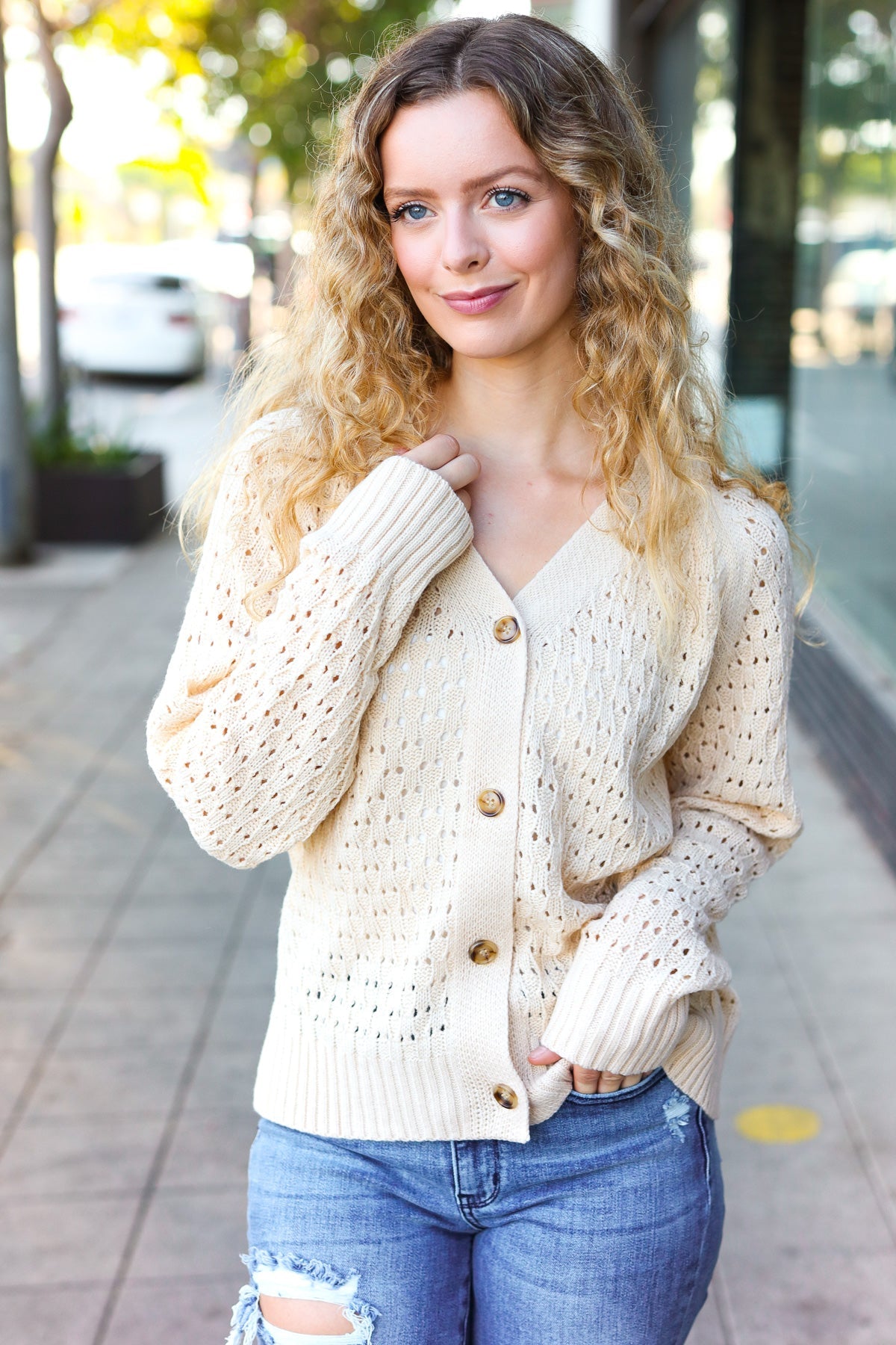 Follow Me Oatmeal Pointelle Knit Button Down Cardigan-2024 Blow-Out Sale-Modish Lily, Tecumseh Michigan