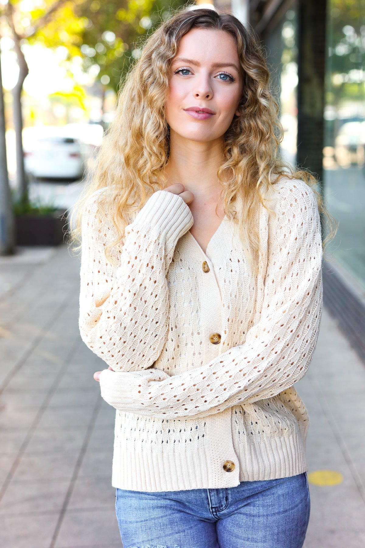 Follow Me Oatmeal Pointelle Knit Button Down Cardigan-2024 Blow-Out Sale-Modish Lily, Tecumseh Michigan