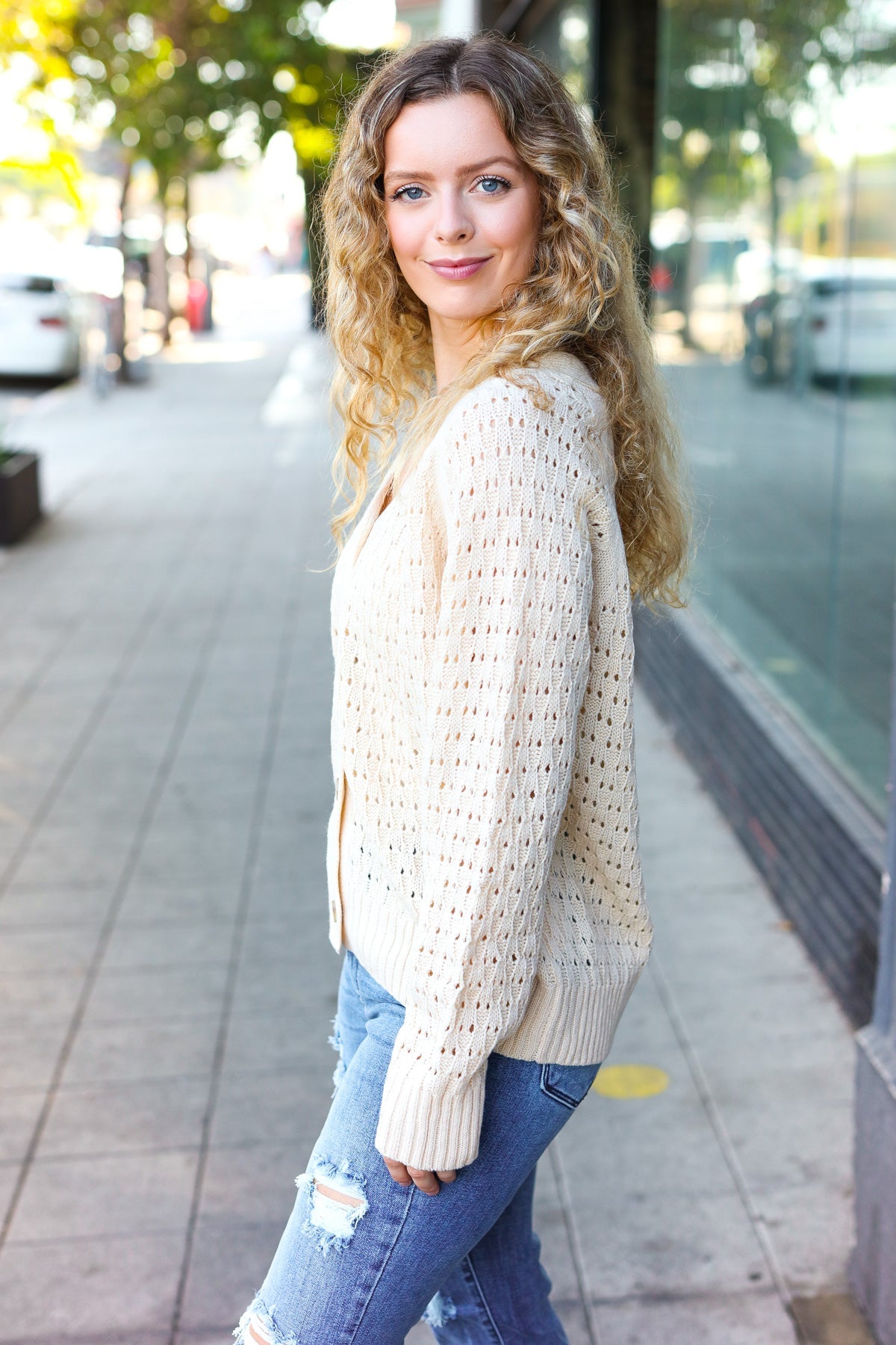 Follow Me Oatmeal Pointelle Knit Button Down Cardigan-2024 Blow-Out Sale-Modish Lily, Tecumseh Michigan