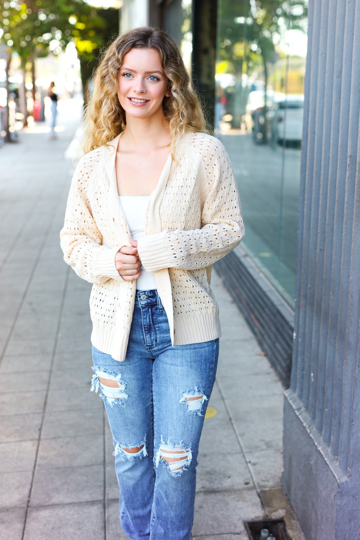 Follow Me Oatmeal Pointelle Knit Button Down Cardigan-2024 Blow-Out Sale-Modish Lily, Tecumseh Michigan