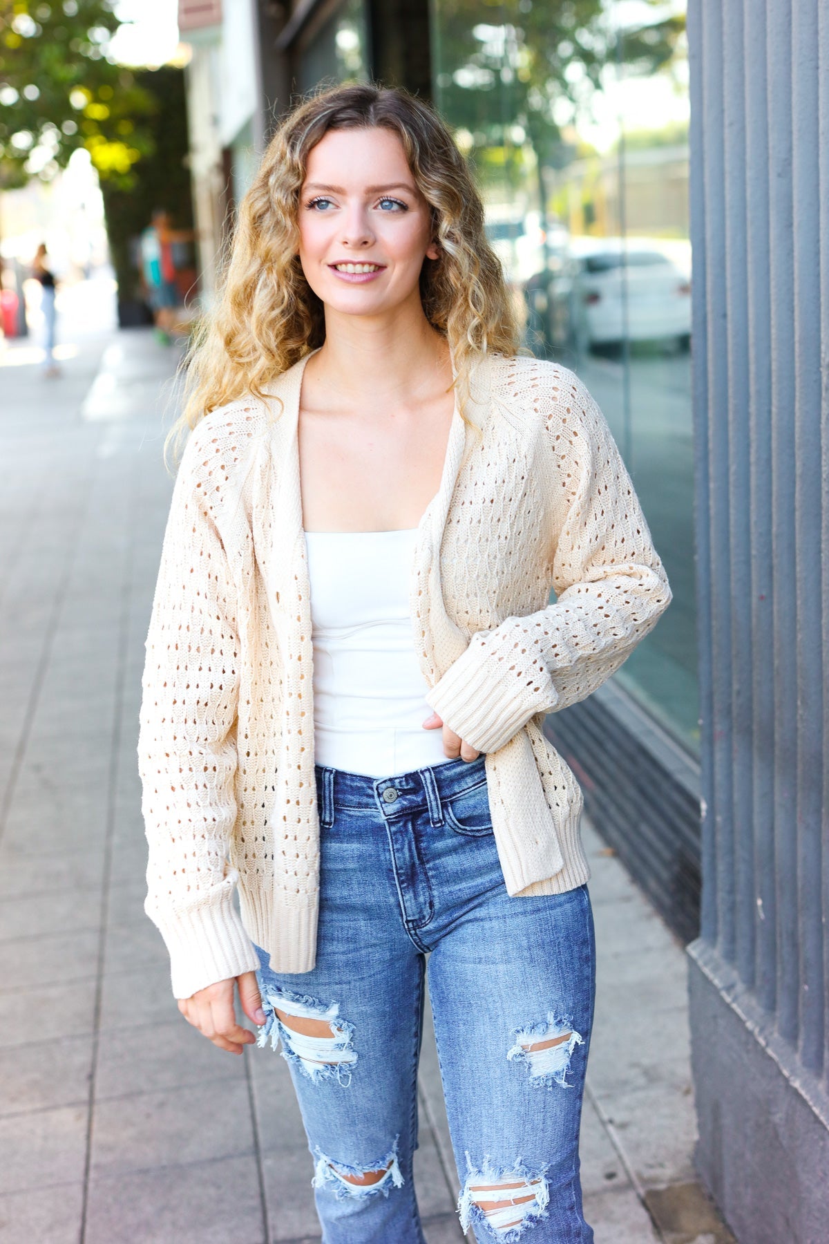 Follow Me Oatmeal Pointelle Knit Button Down Cardigan-2024 Blow-Out Sale-Modish Lily, Tecumseh Michigan