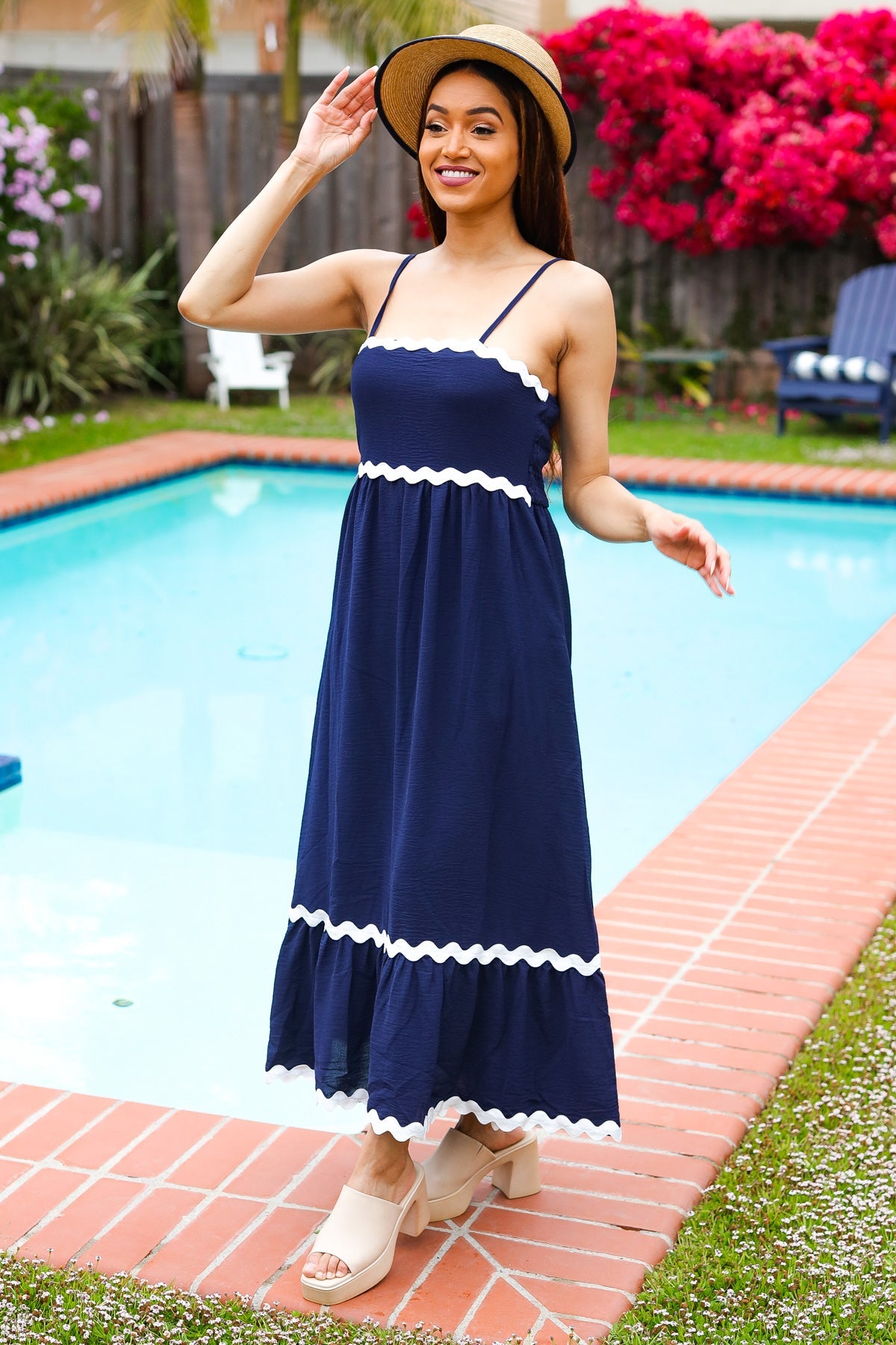 Bold & Sassy Navy Square Neck Ric Rac Trim Adjustable Straps Maxi-Modish Lily, Tecumseh Michigan