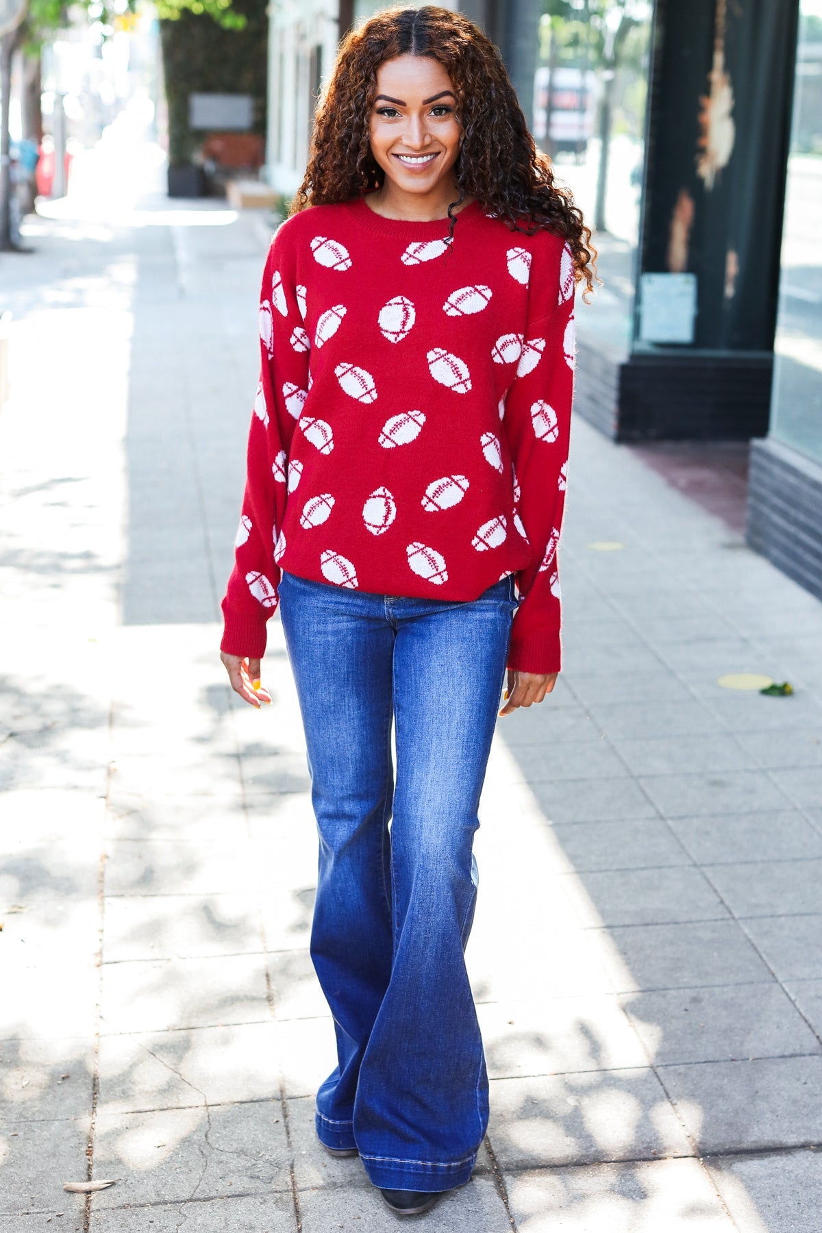 Game Day Red Football Print Jacquard Knit Sweater-2024 Blow-Out Sale-Modish Lily, Tecumseh Michigan