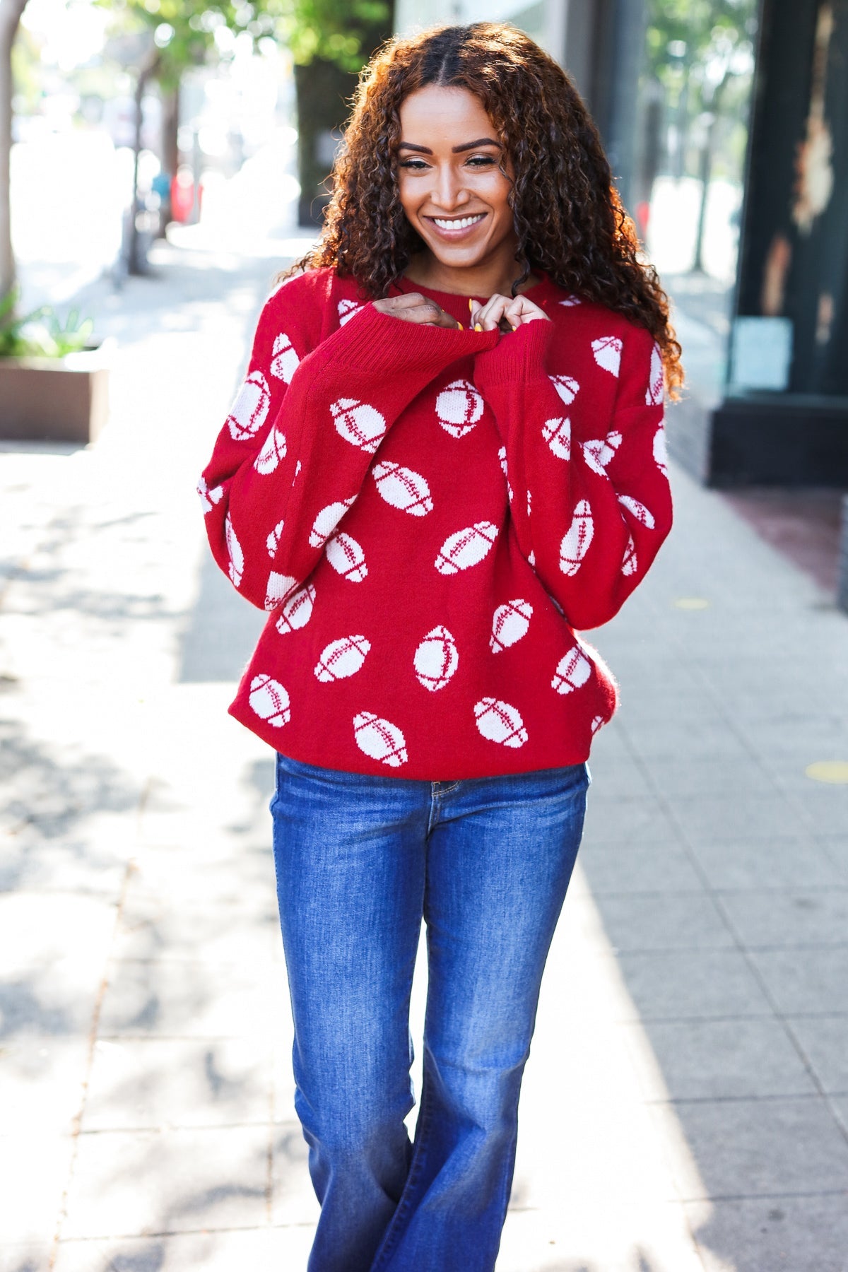 Game Day Red Football Print Jacquard Knit Sweater-2024 Blow-Out Sale-Modish Lily, Tecumseh Michigan