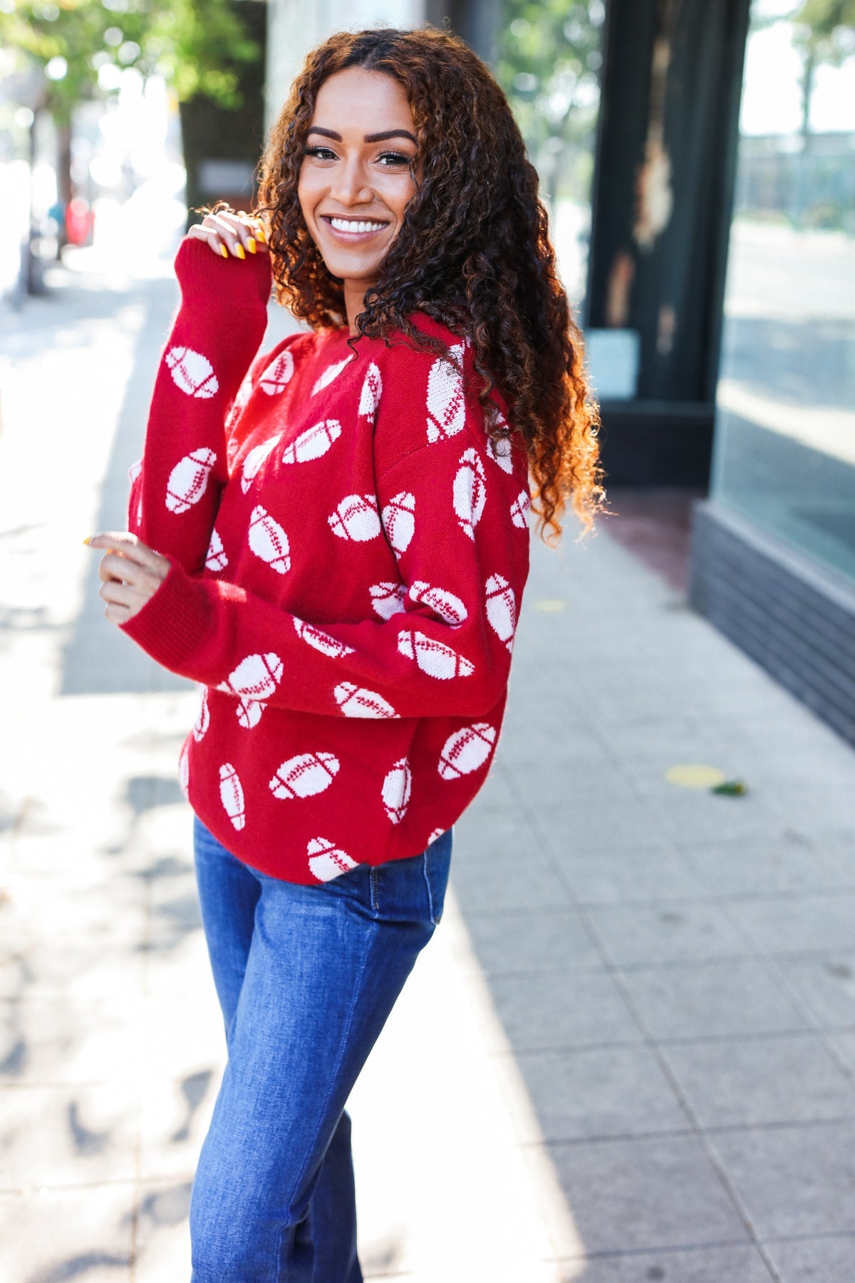 Game Day Red Football Print Jacquard Knit Sweater-2024 Blow-Out Sale-Modish Lily, Tecumseh Michigan