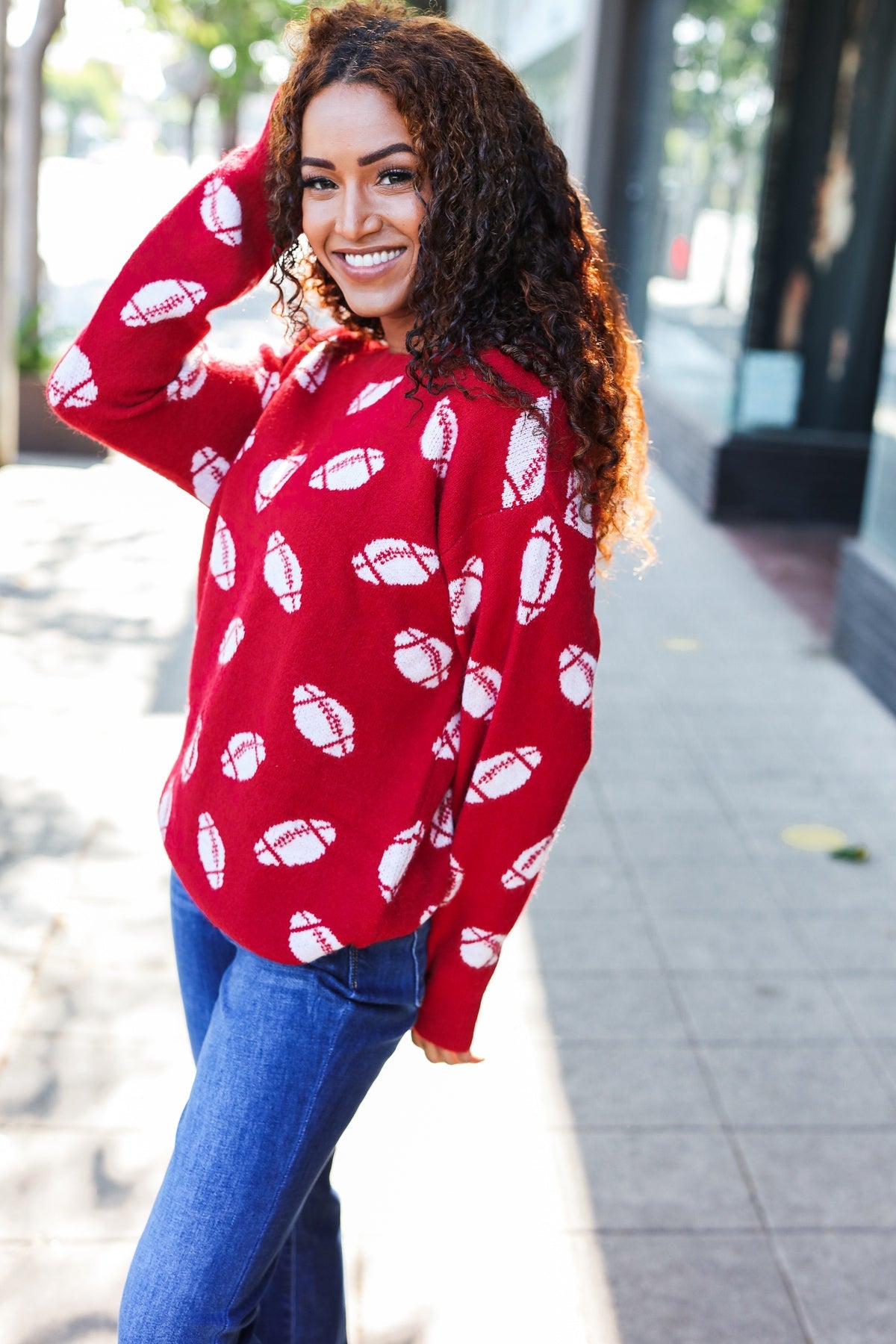 Game Day Red Football Print Jacquard Knit Sweater-2024 Blow-Out Sale-Modish Lily, Tecumseh Michigan