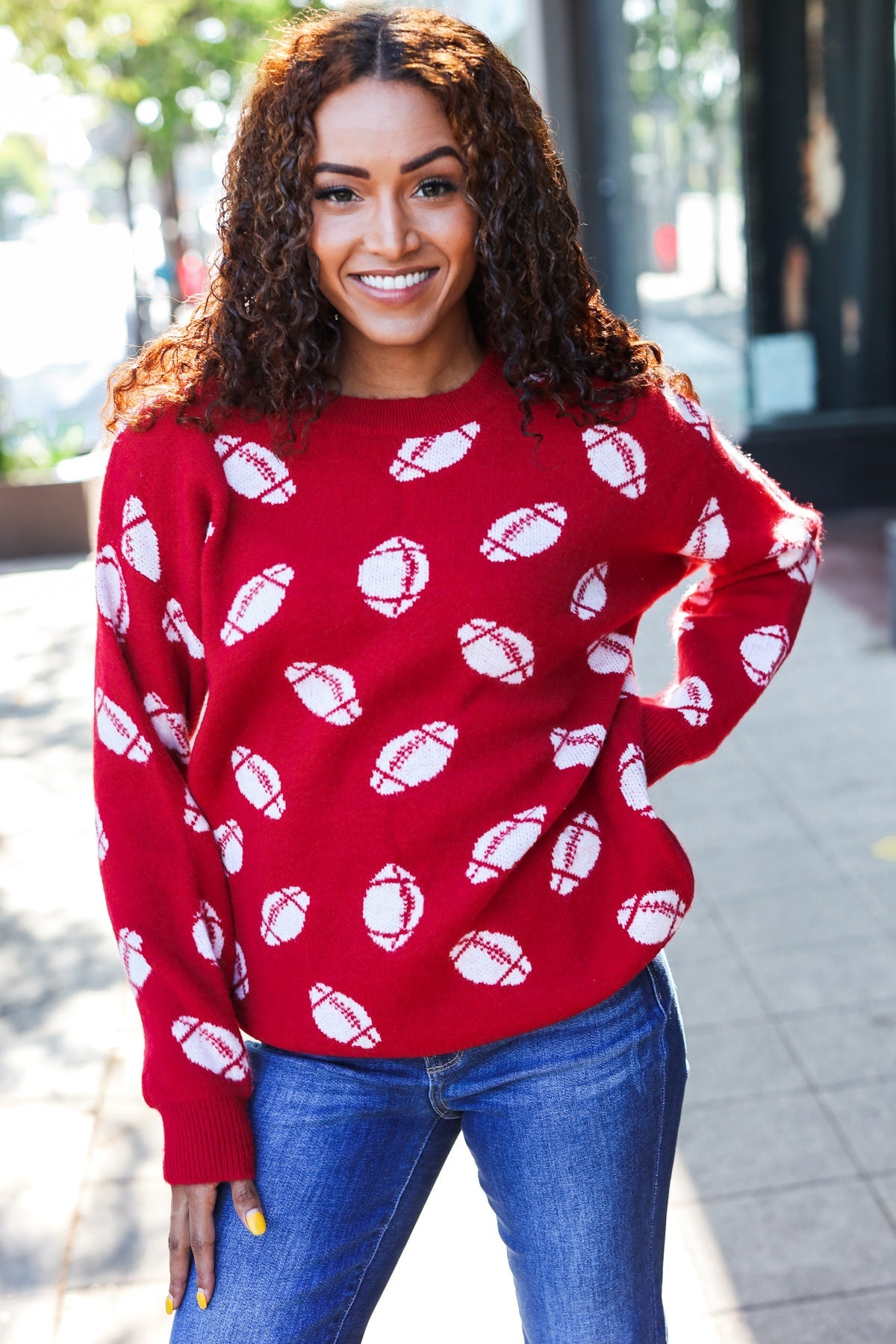 Game Day Red Football Print Jacquard Knit Sweater-2024 Blow-Out Sale-Modish Lily, Tecumseh Michigan