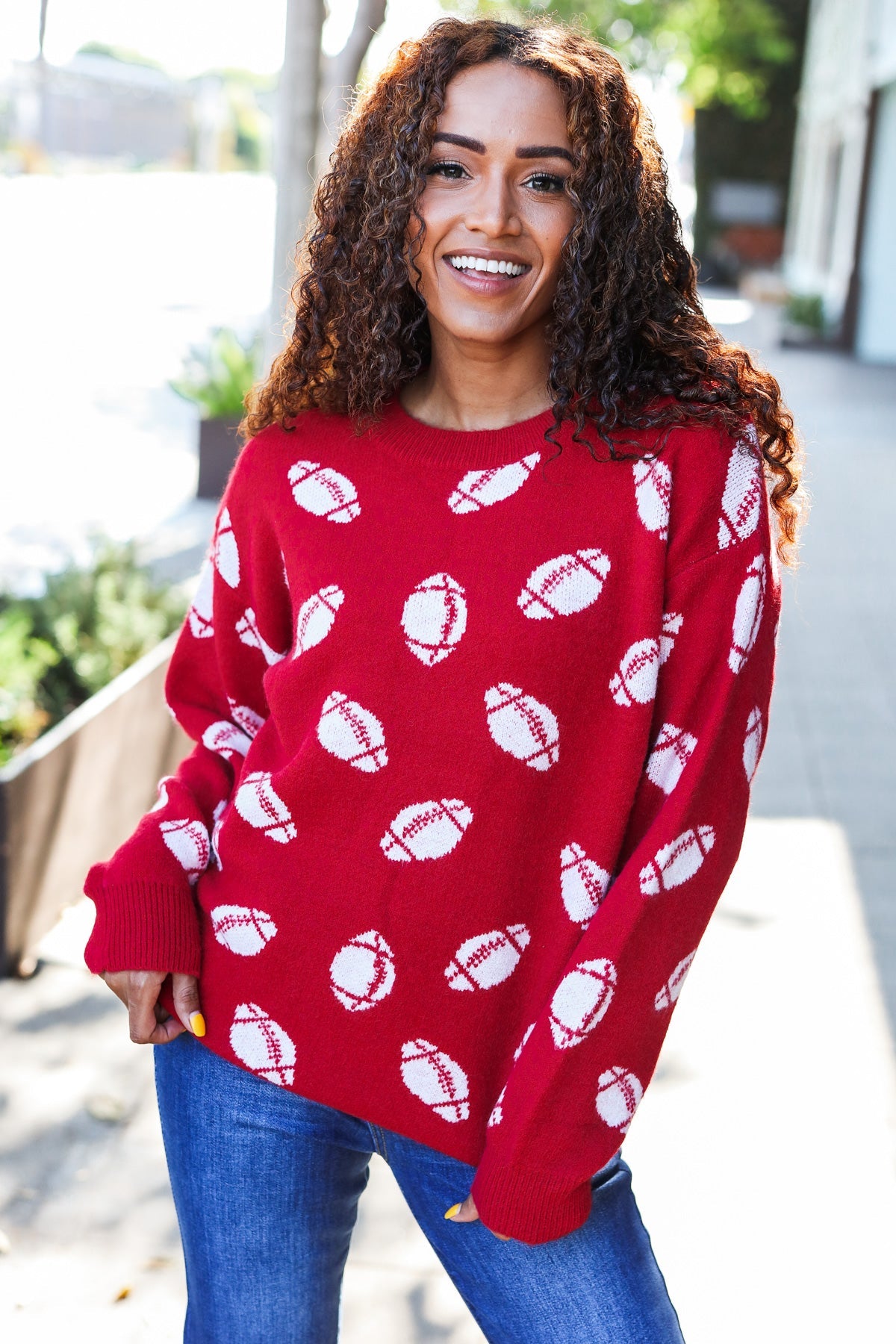 Game Day Red Football Print Jacquard Knit Sweater-2024 Blow-Out Sale-Modish Lily, Tecumseh Michigan