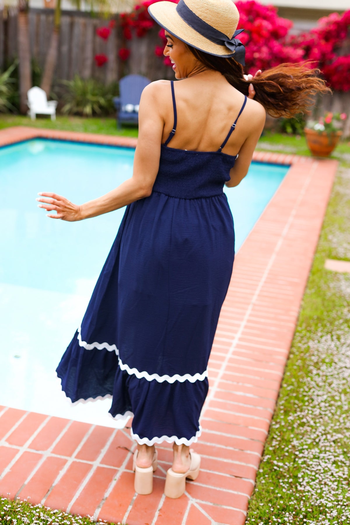 Bold & Sassy Navy Square Neck Ric Rac Trim Adjustable Straps Maxi-Modish Lily, Tecumseh Michigan