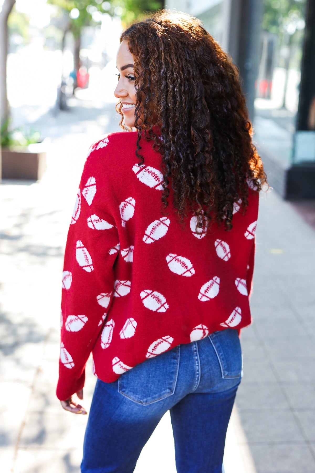 Game Day Red Football Print Jacquard Knit Sweater-2024 Blow-Out Sale-Modish Lily, Tecumseh Michigan