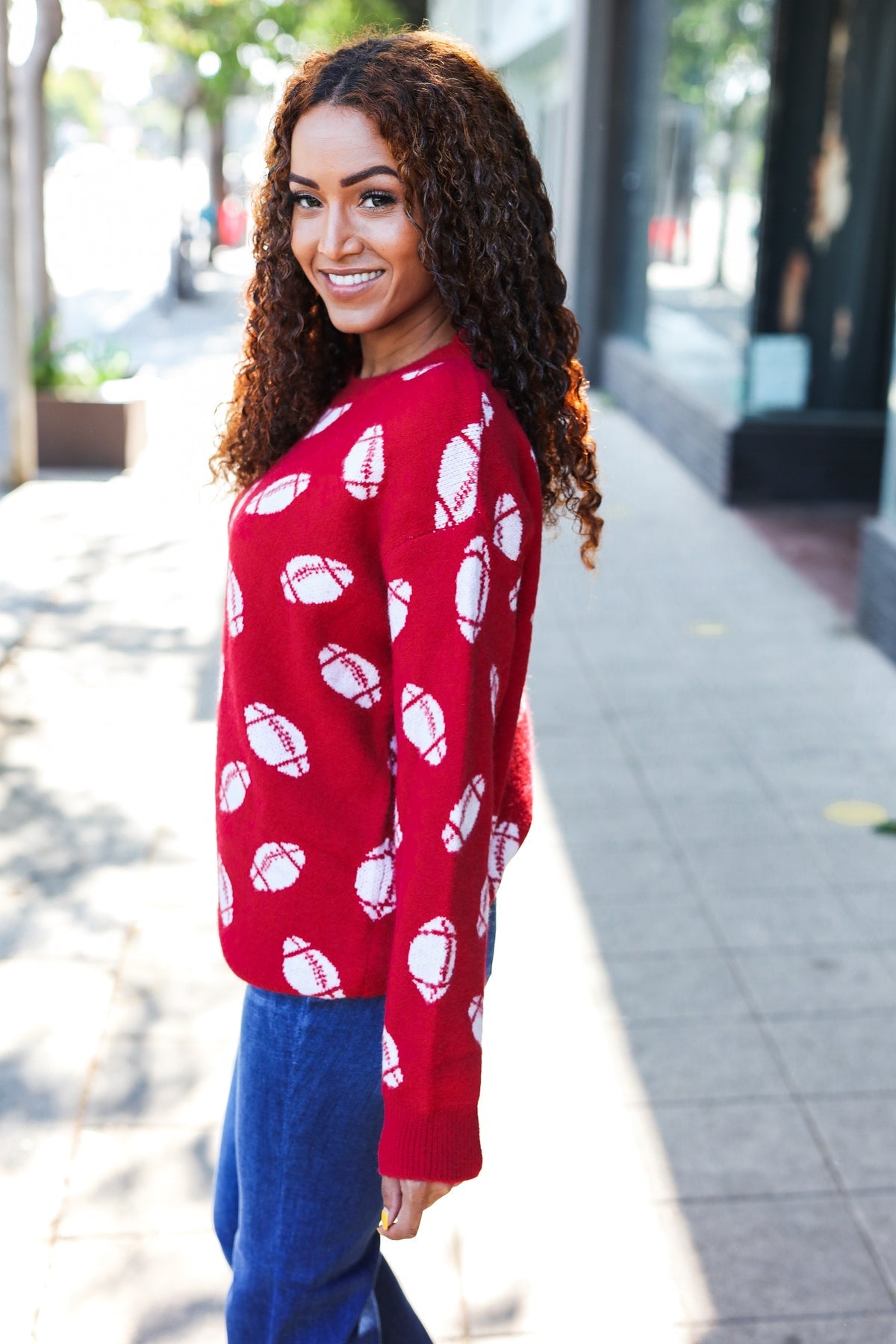 Game Day Red Football Print Jacquard Knit Sweater-2024 Blow-Out Sale-Modish Lily, Tecumseh Michigan