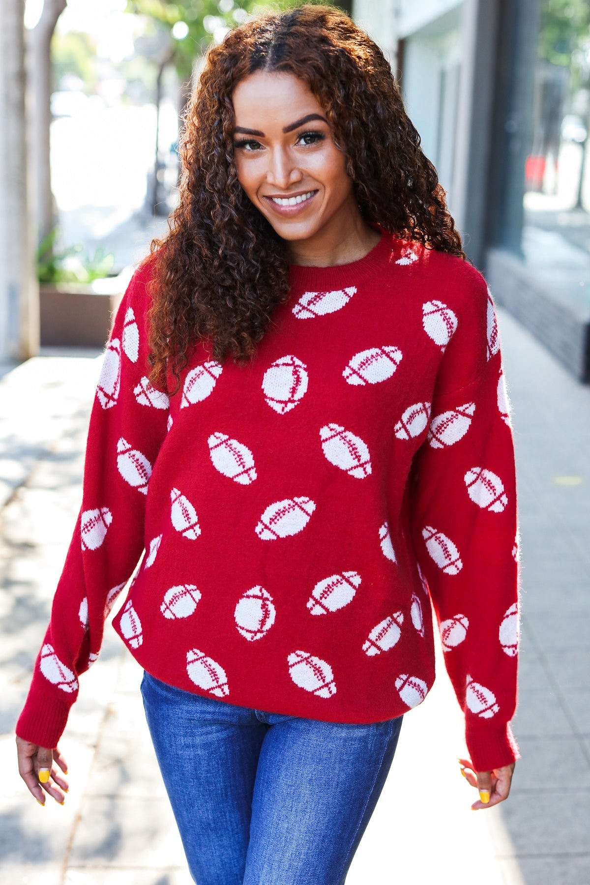 Game Day Red Football Print Jacquard Knit Sweater-2024 Blow-Out Sale-Modish Lily, Tecumseh Michigan