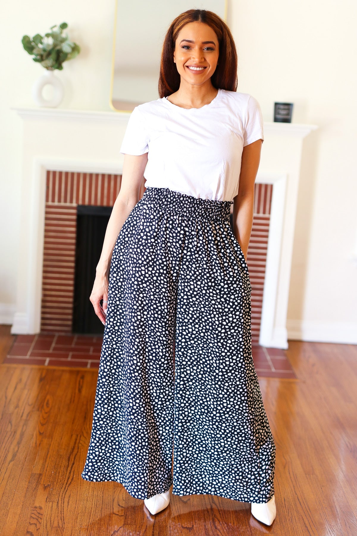 Let's Meet Up Black Animal Print Smocked Waist Palazzo Pants-Modish Lily, Tecumseh Michigan
