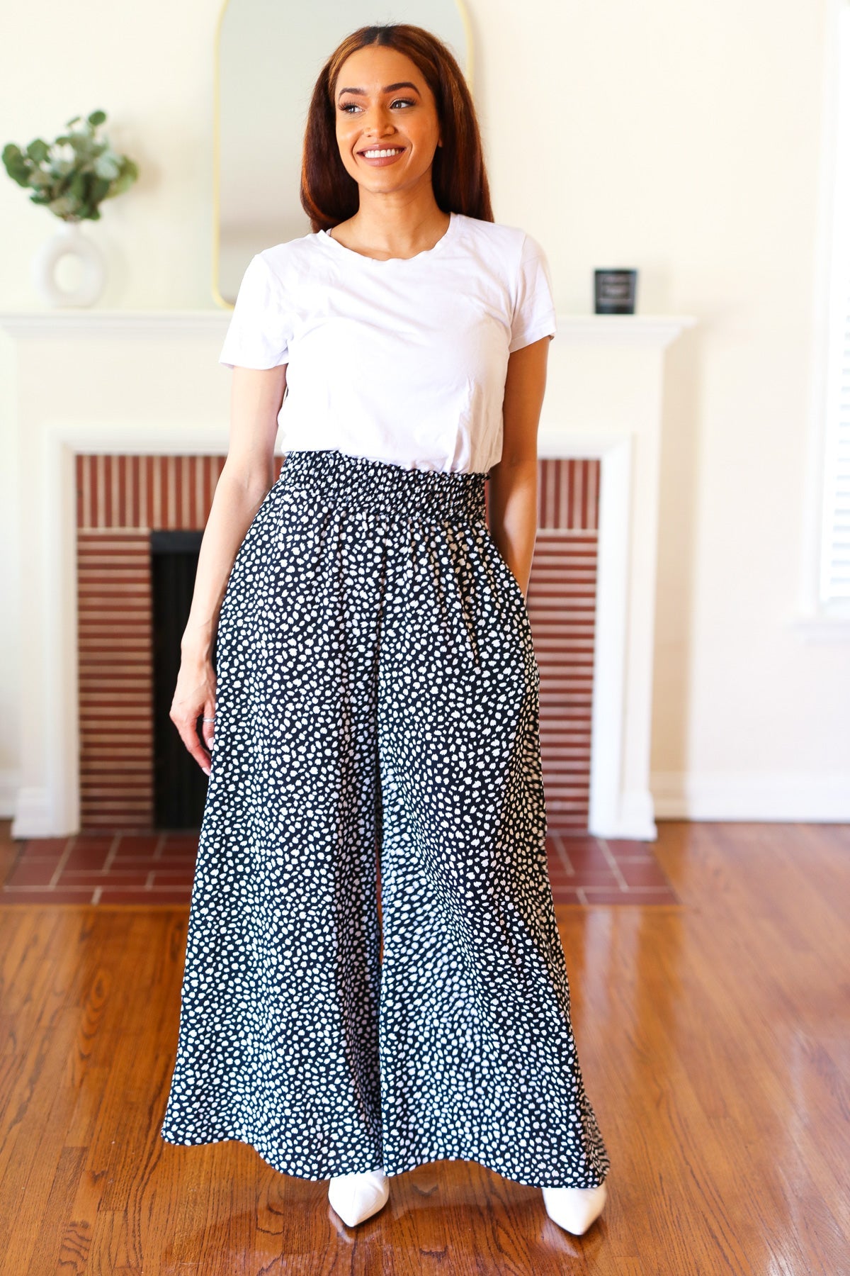 Let's Meet Up Black Animal Print Smocked Waist Palazzo Pants-Modish Lily, Tecumseh Michigan
