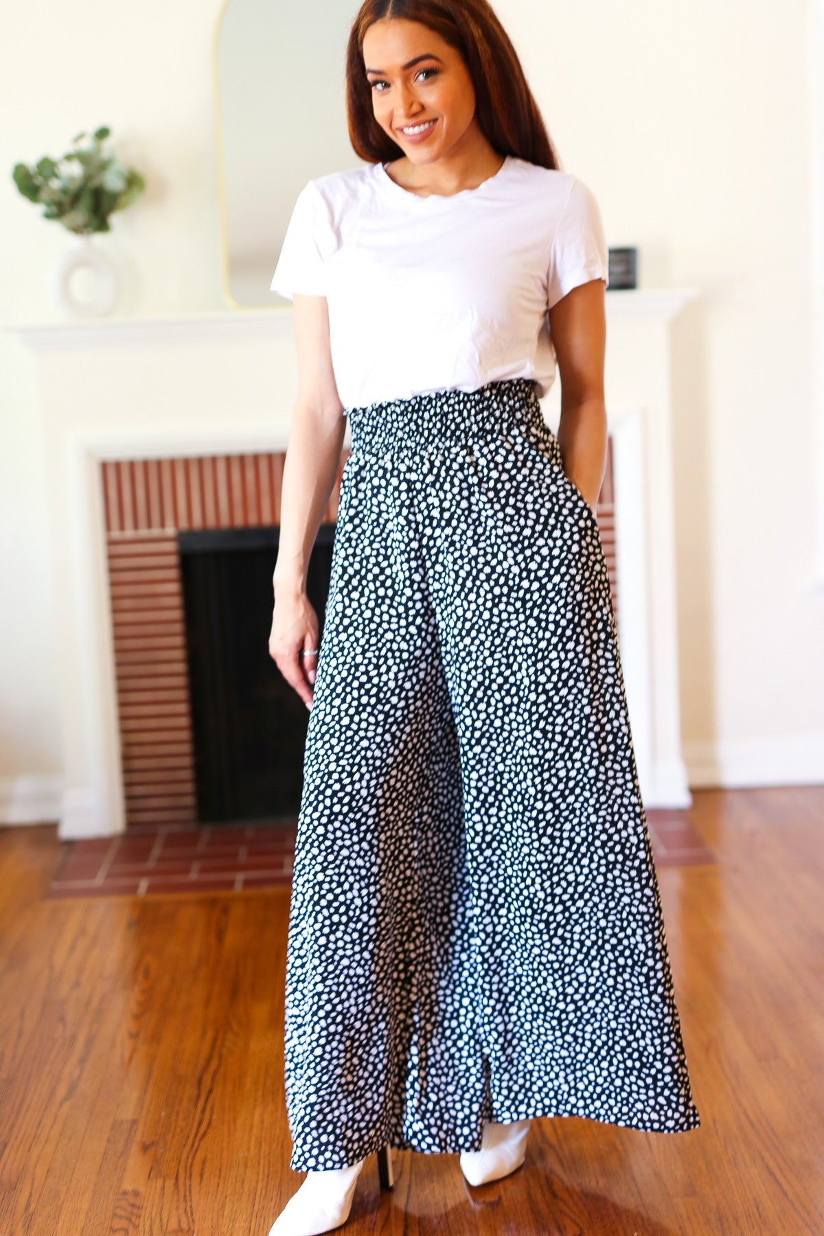 Let's Meet Up Black Animal Print Smocked Waist Palazzo Pants-Modish Lily, Tecumseh Michigan