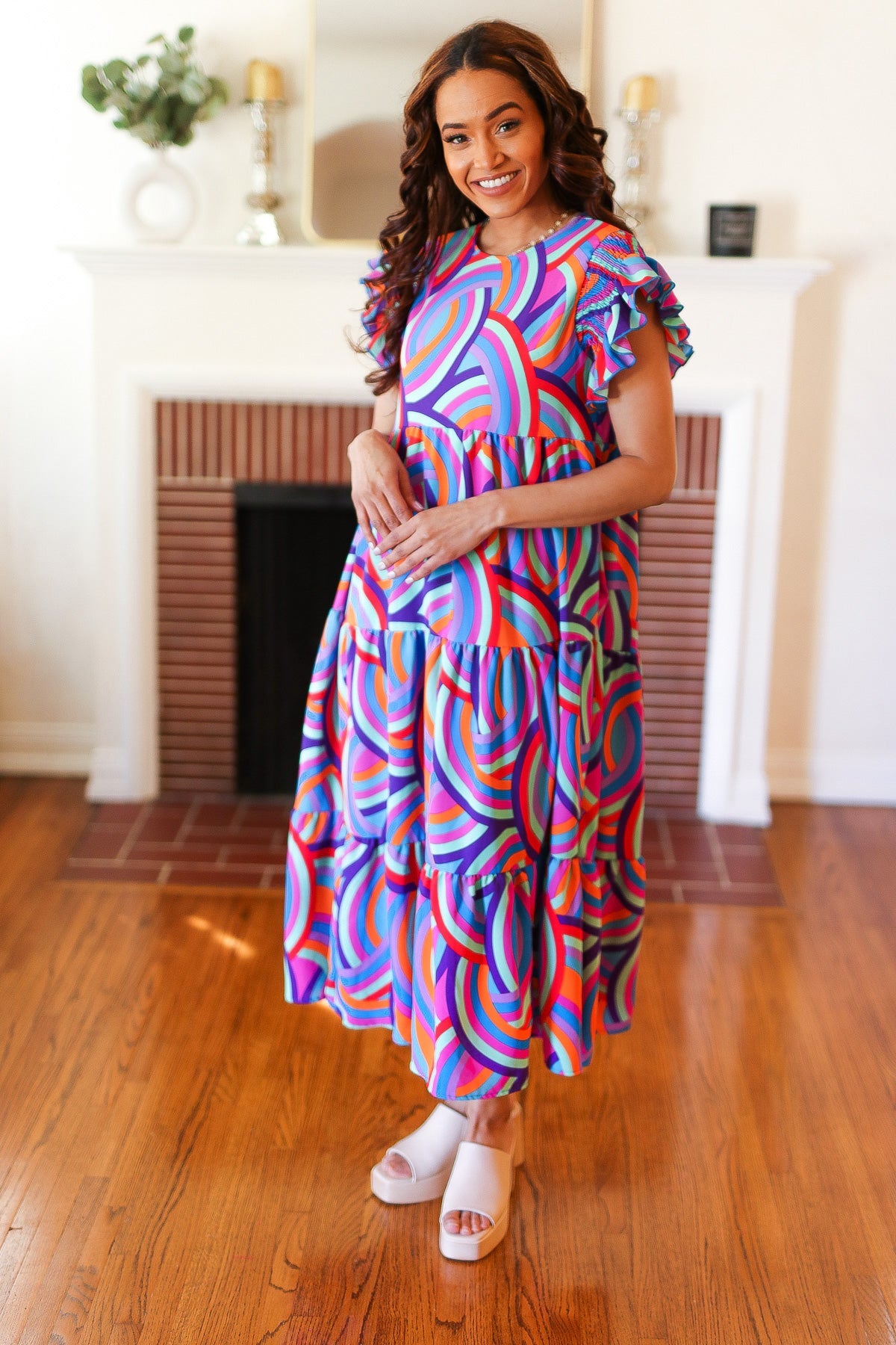 Feel Your Best Purple Abstract Print Smocked Ruffle Sleeve Maxi Dress-Modish Lily, Tecumseh Michigan