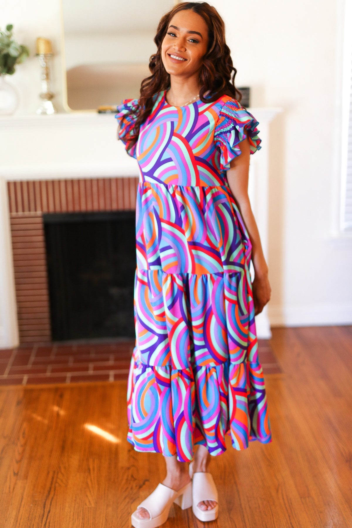 Feel Your Best Purple Abstract Print Smocked Ruffle Sleeve Maxi Dress-Modish Lily, Tecumseh Michigan