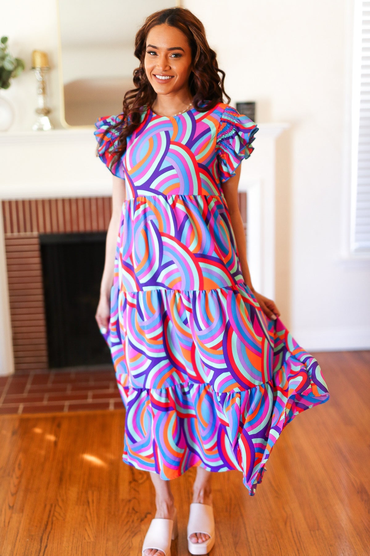 Feel Your Best Purple Abstract Print Smocked Ruffle Sleeve Maxi Dress-Modish Lily, Tecumseh Michigan