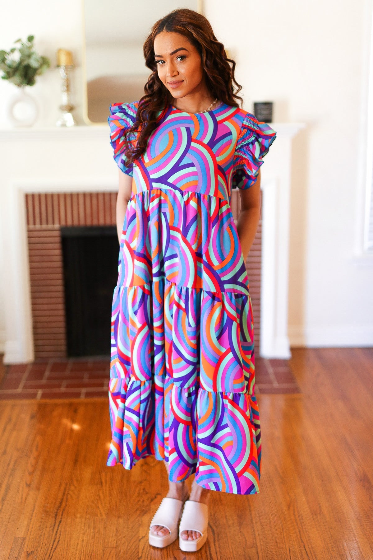 Feel Your Best Purple Abstract Print Smocked Ruffle Sleeve Maxi Dress-Modish Lily, Tecumseh Michigan