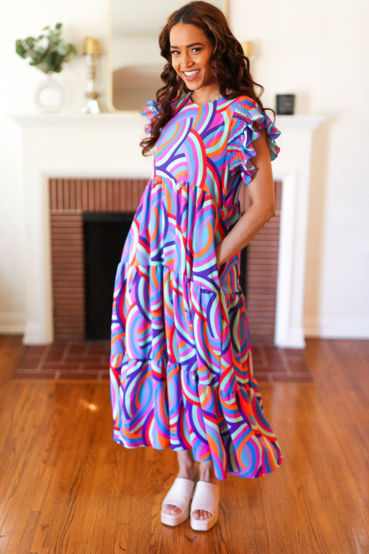 Feel Your Best Purple Abstract Print Smocked Ruffle Sleeve Maxi Dress-Modish Lily, Tecumseh Michigan