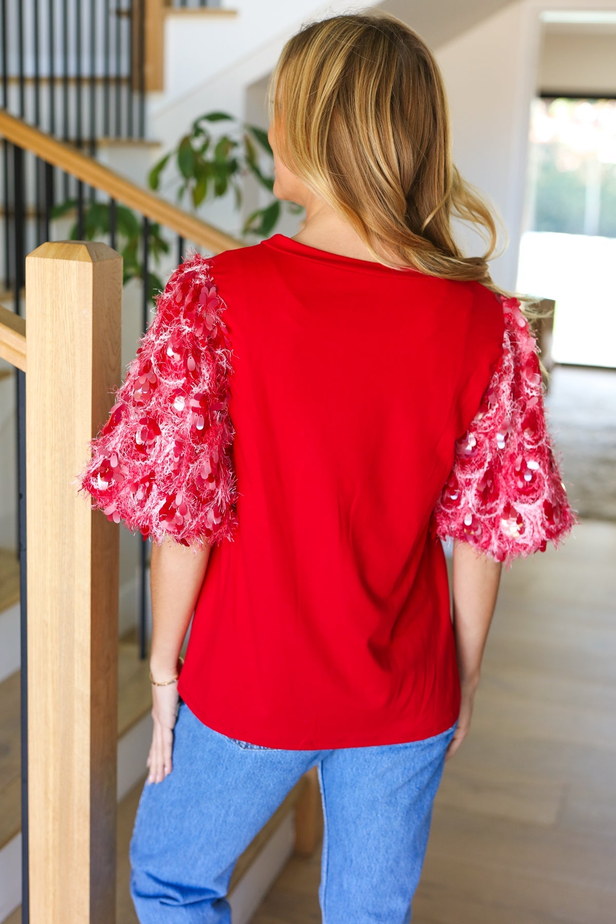 Come To Me Red Sequin Puff Short Sleeve Top-Modish Lily, Tecumseh Michigan