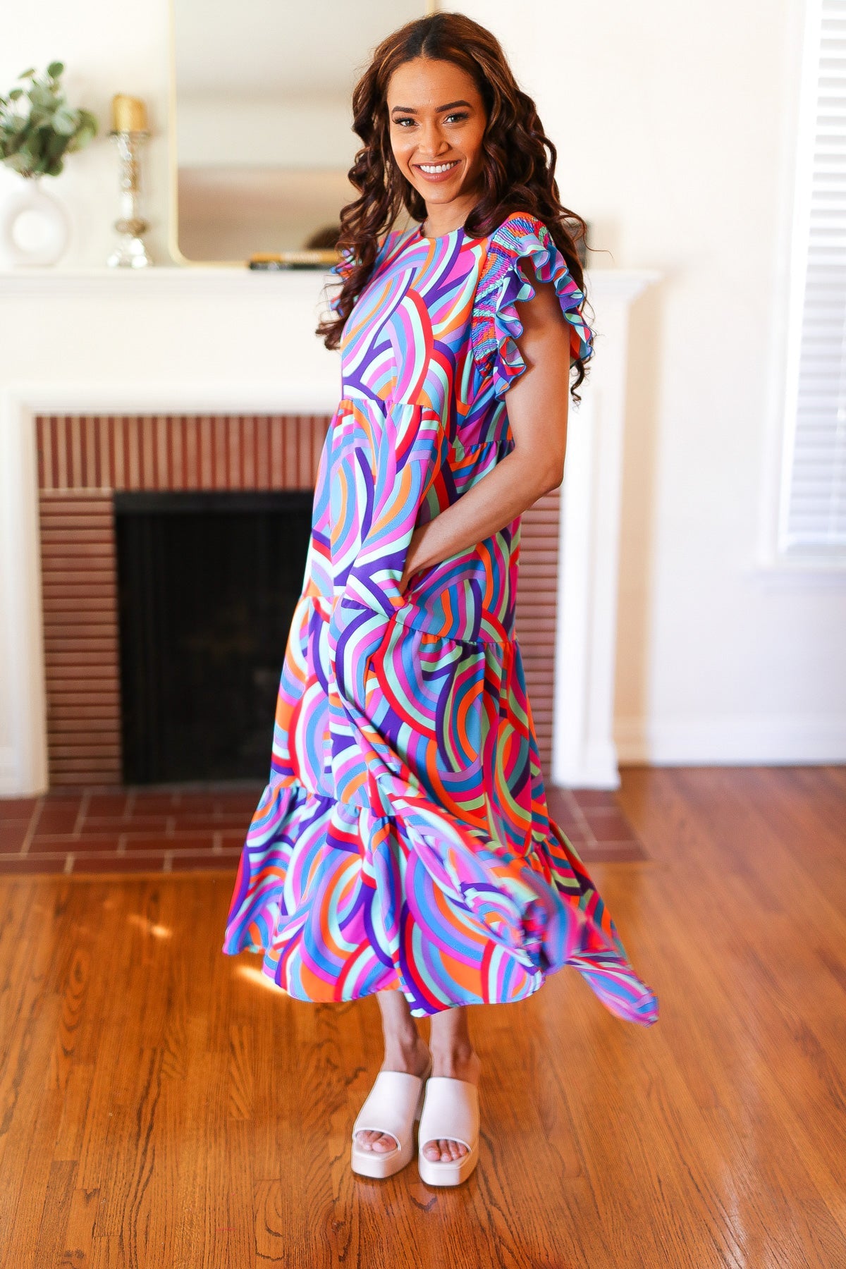 Feel Your Best Purple Abstract Print Smocked Ruffle Sleeve Maxi Dress-Modish Lily, Tecumseh Michigan
