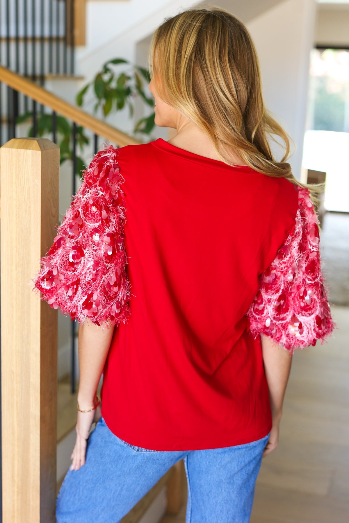 Come To Me Red Sequin Puff Short Sleeve Top-Modish Lily, Tecumseh Michigan