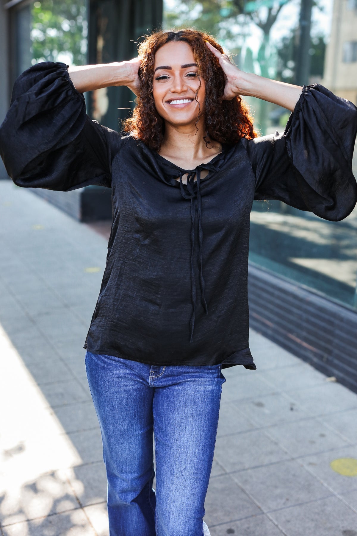 Live For Today Black Woven Front Tie Silky Blouse-Modish Lily, Tecumseh Michigan
