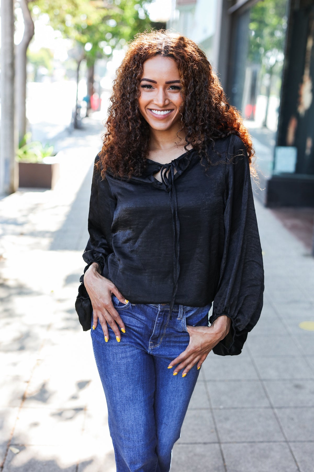 Live For Today Black Woven Front Tie Silky Blouse-Modish Lily, Tecumseh Michigan