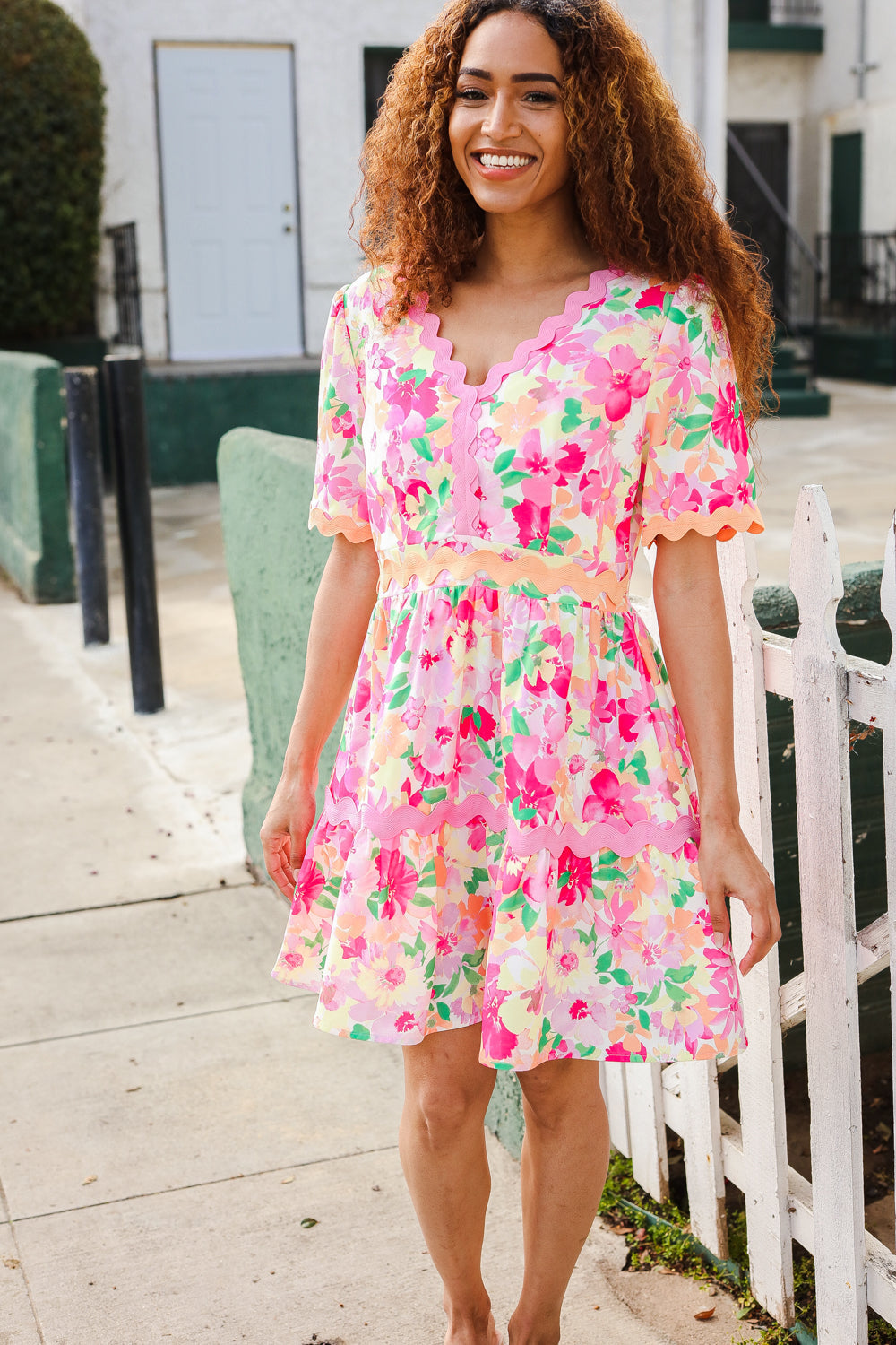 Beautiful You Rose Floral Print Ric Rack Trim Babydoll Dress-Modish Lily, Tecumseh Michigan