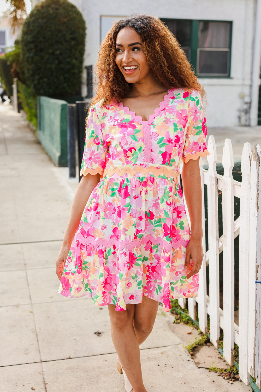 Beautiful You Rose Floral Print Ric Rack Trim Babydoll Dress-Modish Lily, Tecumseh Michigan