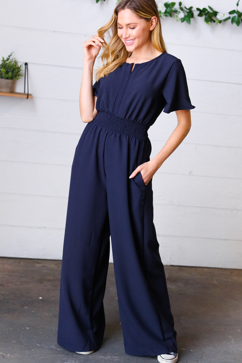 Dark Blue Smocked Waist Notch Neck Crepe Jumpsuit-Modish Lily, Tecumseh Michigan